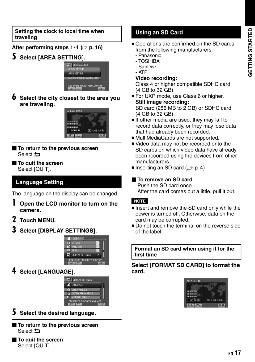 JVC GZ-X900 manual Language Setting, Using an SD Card, Select Format SD Card to format the card 