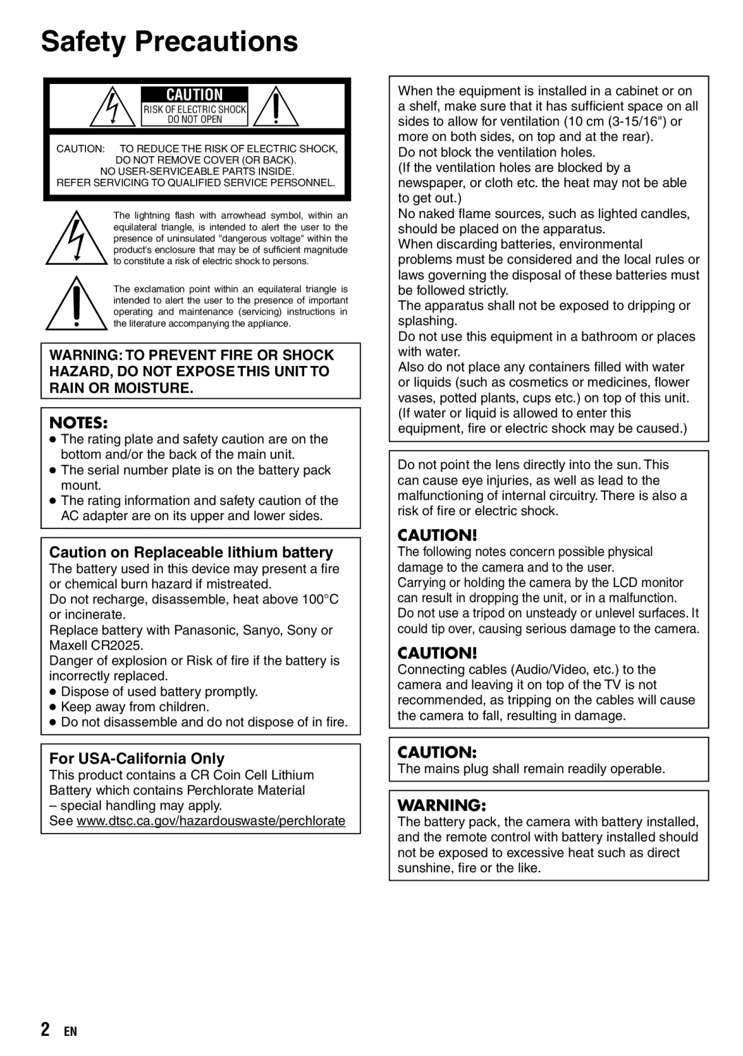 JVC GZ-X900 manual Safety Precautions, For USA-California Only 