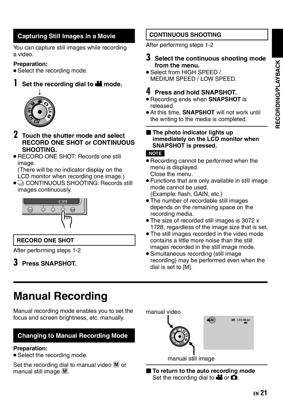 JVC GZ-X900 manual Capturing Still Images in a Movie, Changing to Manual Recording Mode 