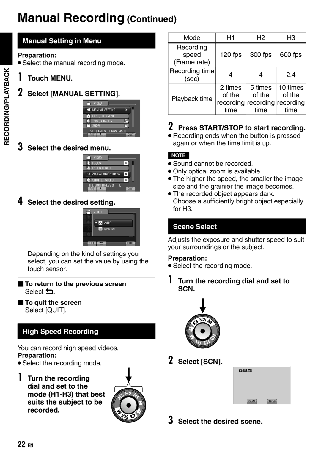 JVC GZ-X900 manual Manual Setting in Menu, Scene Select, High Speed Recording 