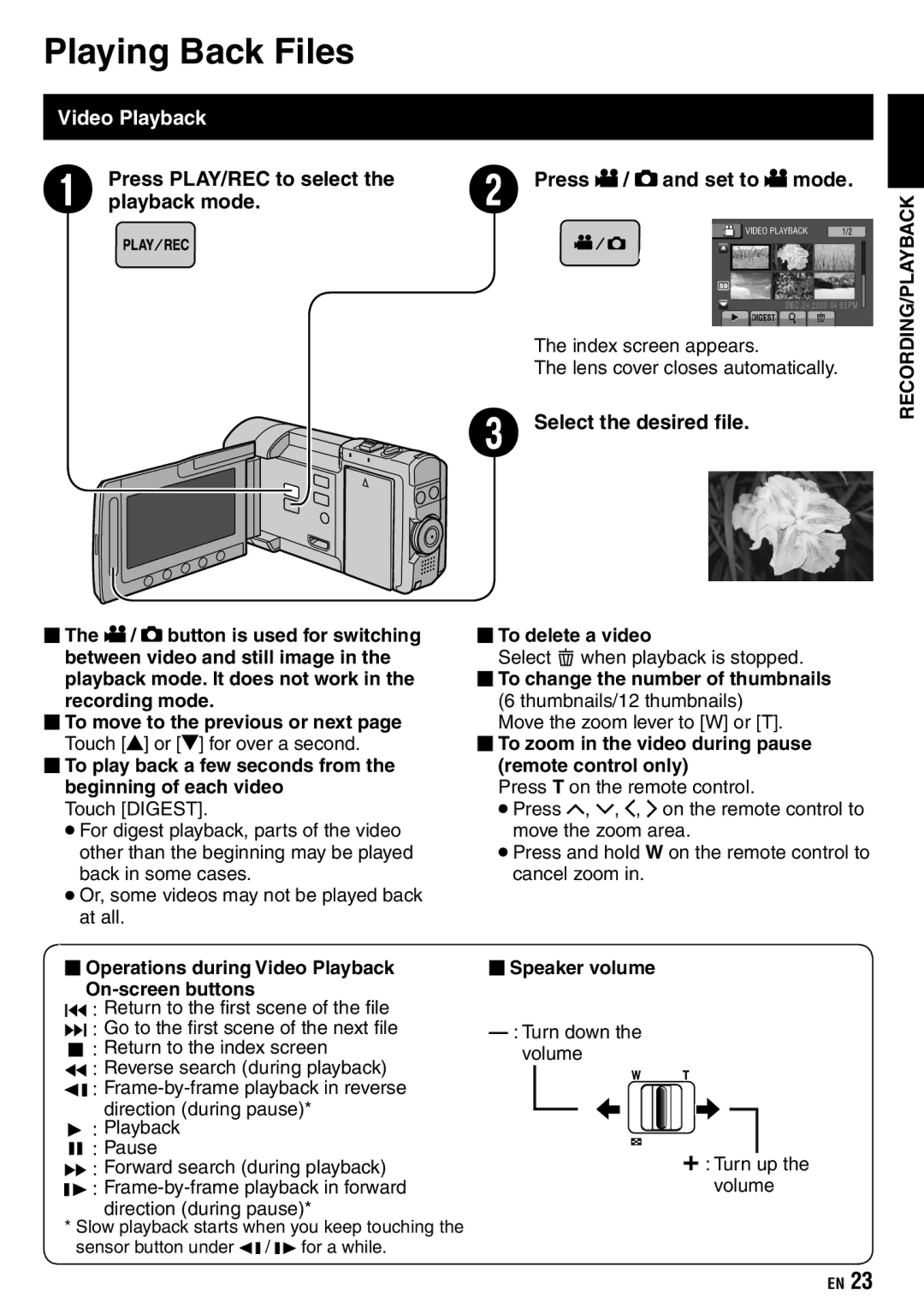 JVC GZ-X900 manual Playing Back Files, Video Playback, Select the desired file 