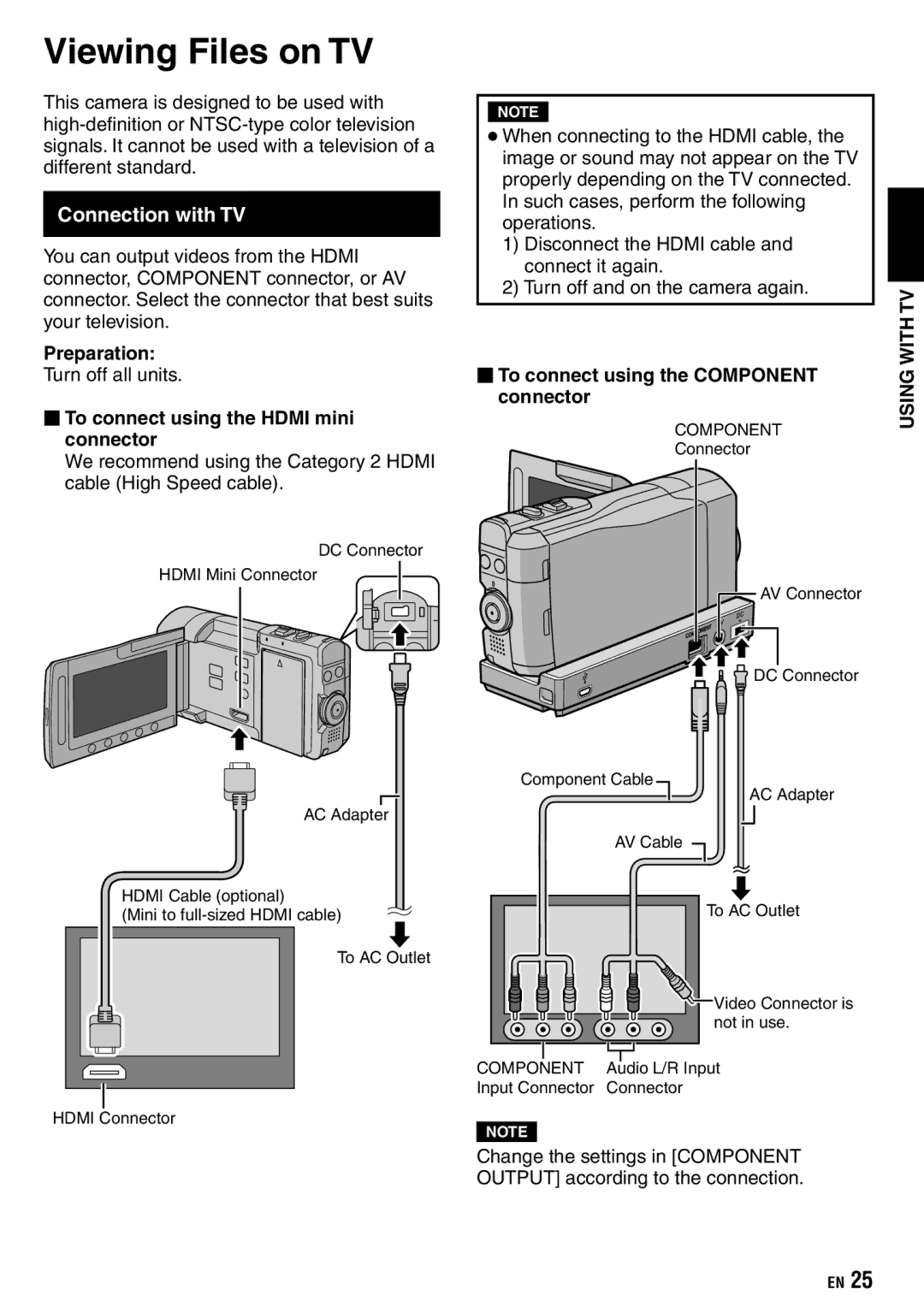 JVC GZ-X900 manual Viewing Files on TV, Connection with TV,  To connect using the Hdmi mini connector, Connector 