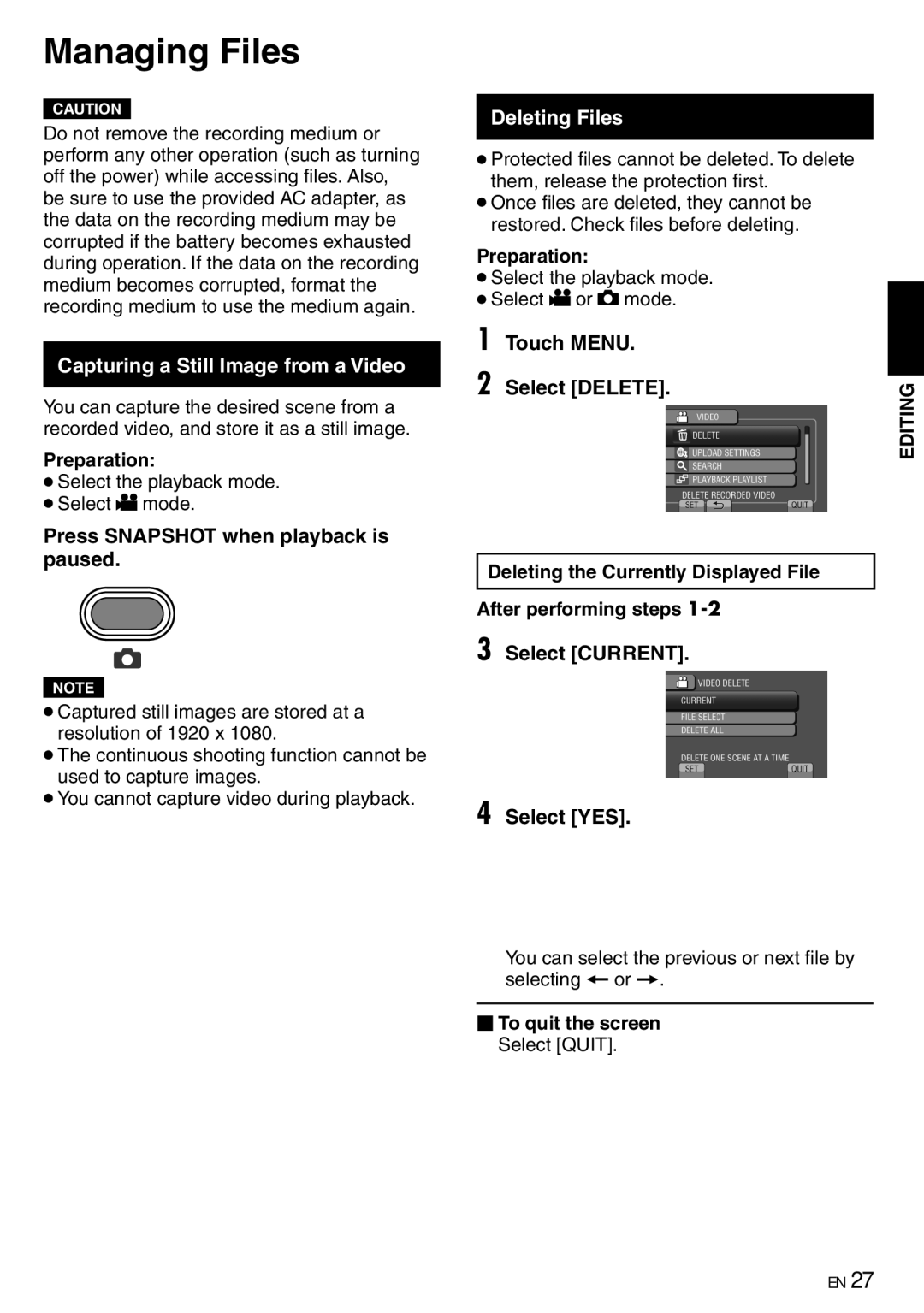 JVC GZ-X900 manual Managing Files, Capturing a Still Image from a Video, Deleting Files 