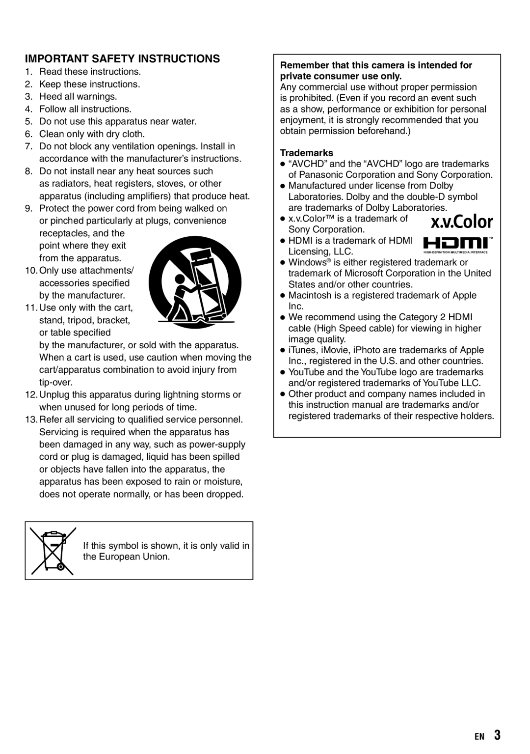 JVC GZ-X900 manual Important Safety Instructions, Trademarks 