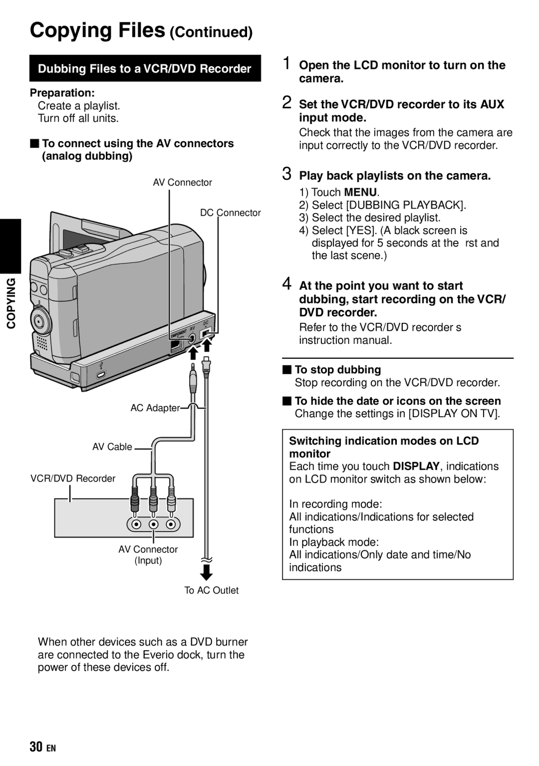 JVC GZ-X900 manual Dubbing Files to a VCR/DVD Recorder,  To connect using the AV connectors analog dubbing 