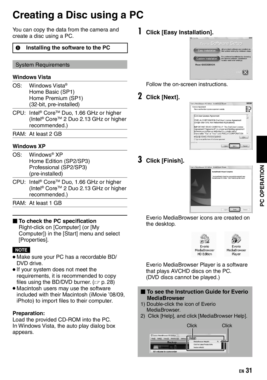 JVC GZ-X900 manual Creating a Disc using a PC, Click Easy Installation, Click Next Click Finish 