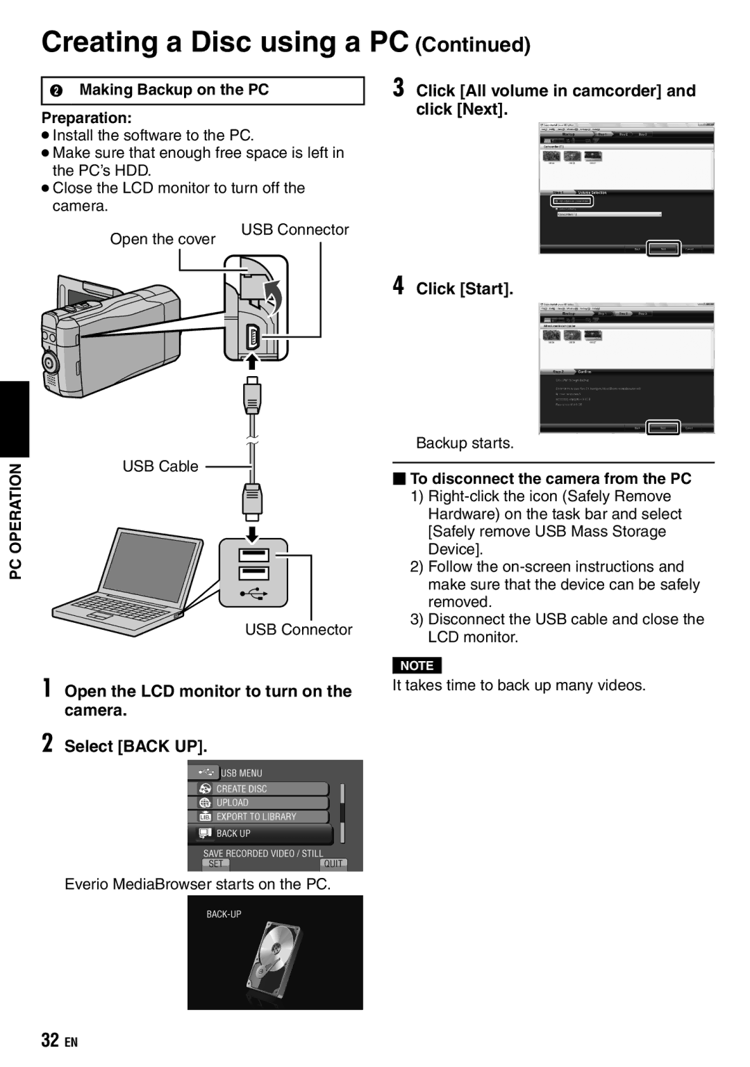 JVC GZ-X900 manual Making Backup on the PC Preparation,  To disconnect the camera from the PC 