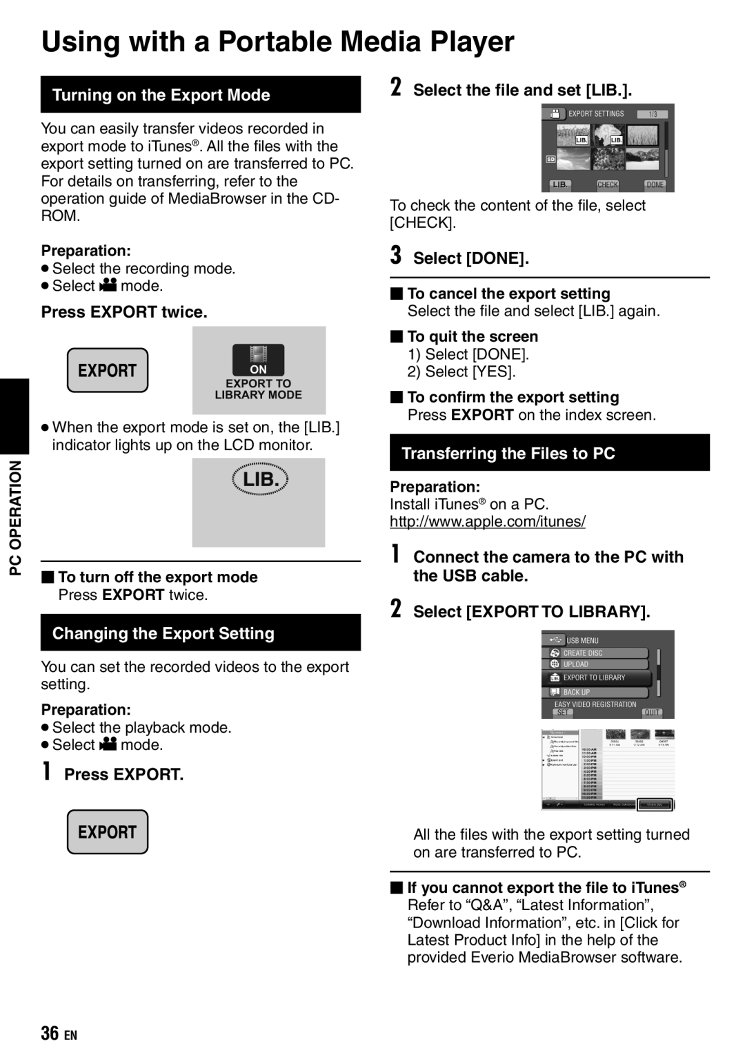 JVC GZ-X900 manual Using with a Portable Media Player, Turning on the Export Mode, Changing the Export Setting 