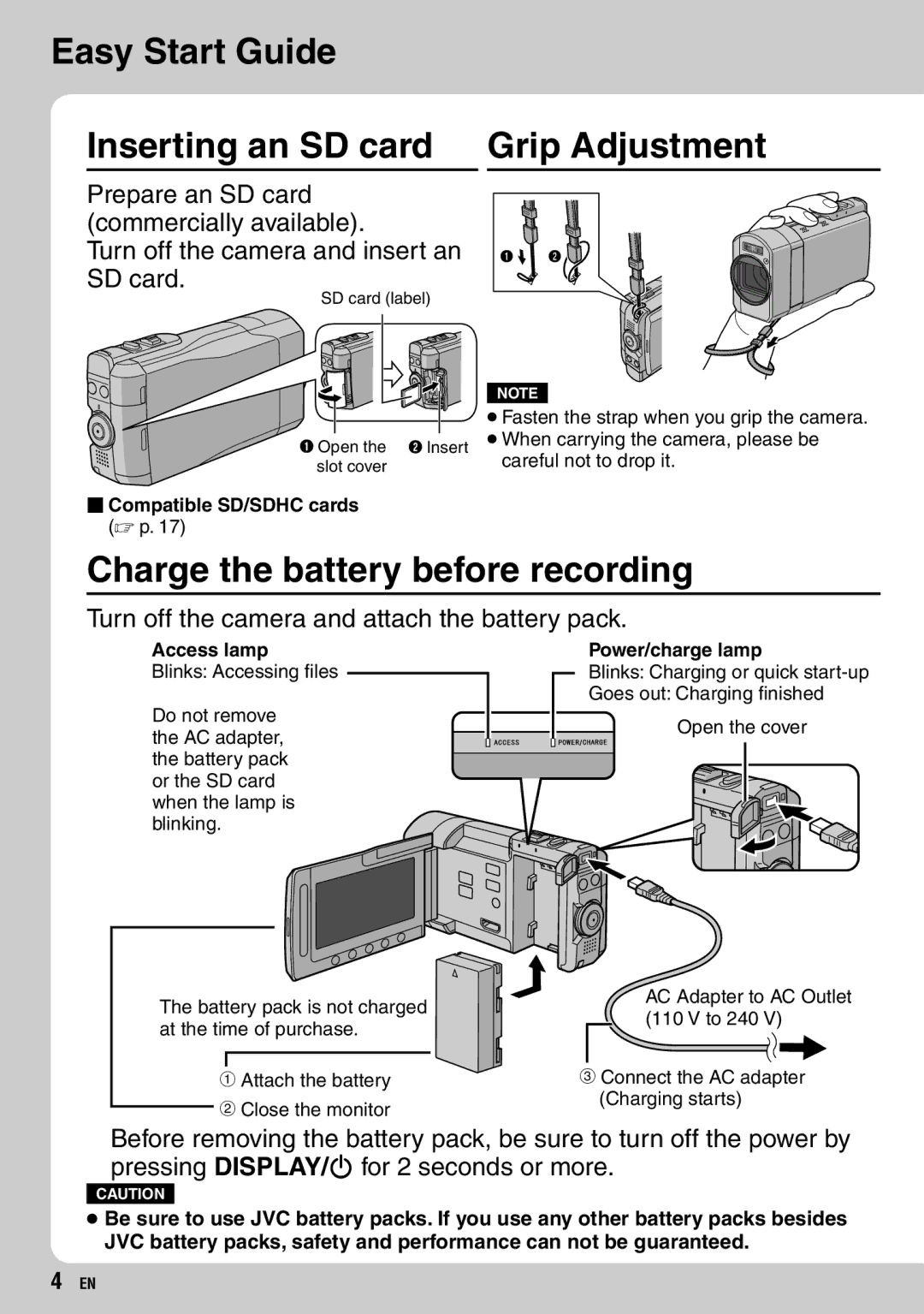 JVC GZ-X900 manual Easy Start Guide Inserting an SD card, Grip Adjustment, Charge the battery before recording 