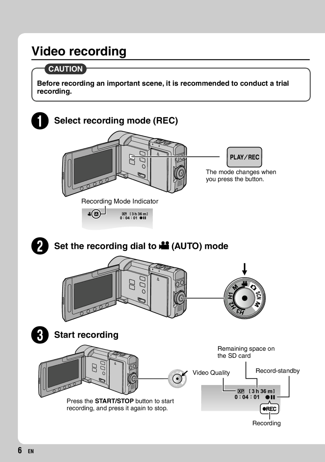 JVC GZ-X900 manual Video recording, Set the recording dial to ! Auto mode Start recording 