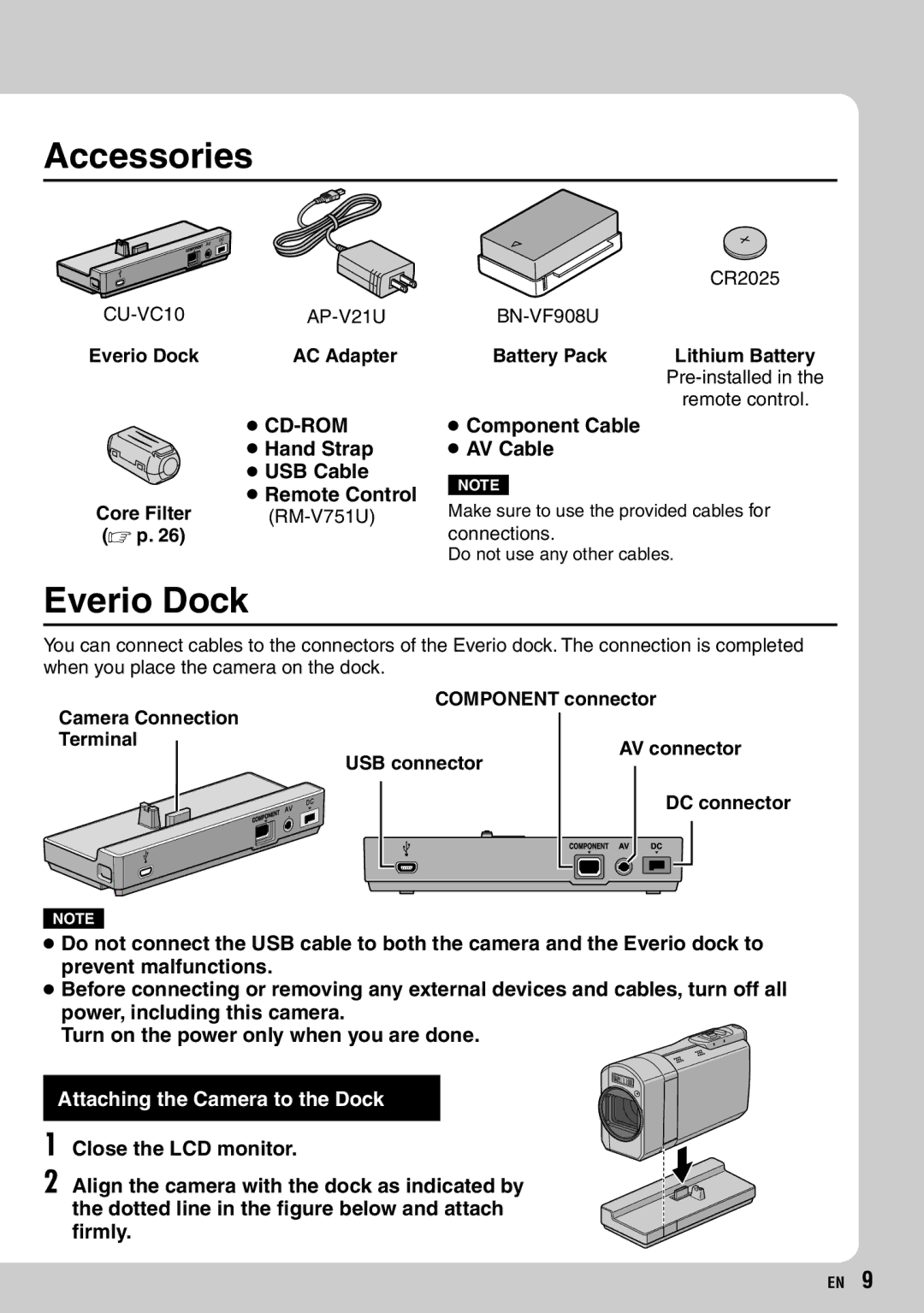 JVC GZ-X900 manual Accessories, Everio Dock, Attaching the Camera to the Dock 