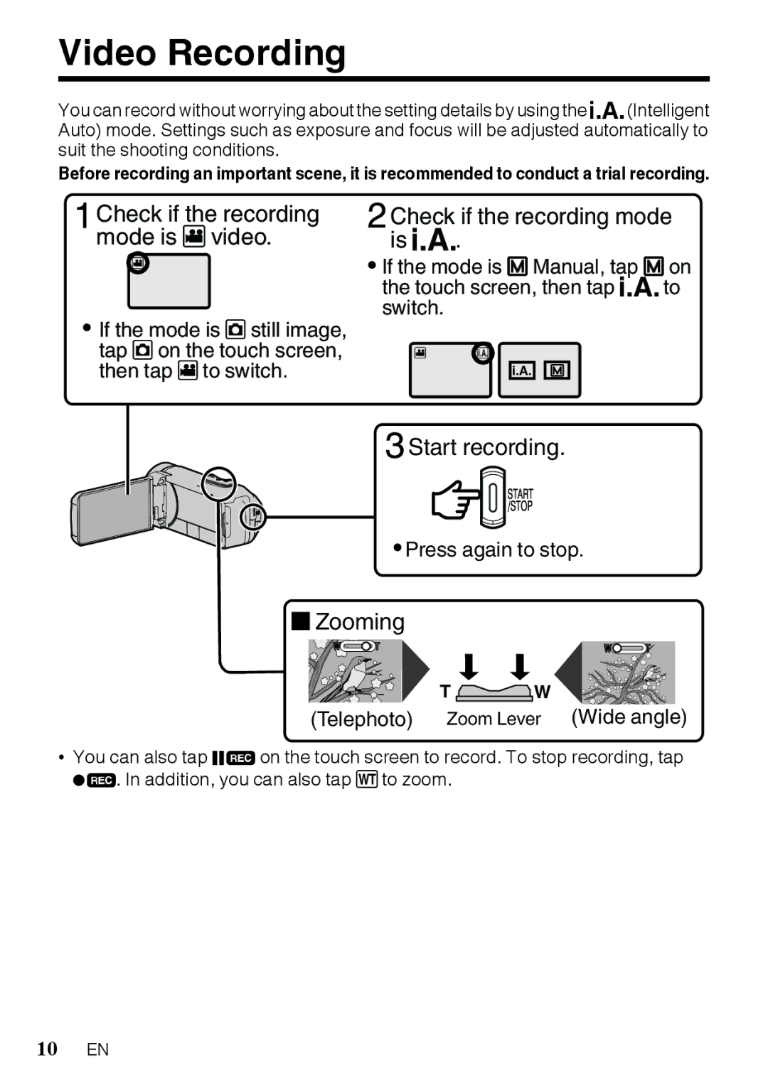 JVC GZR10RUS, GZR10BUS, GZR10AUS manual Video Recording, Press again to stop 