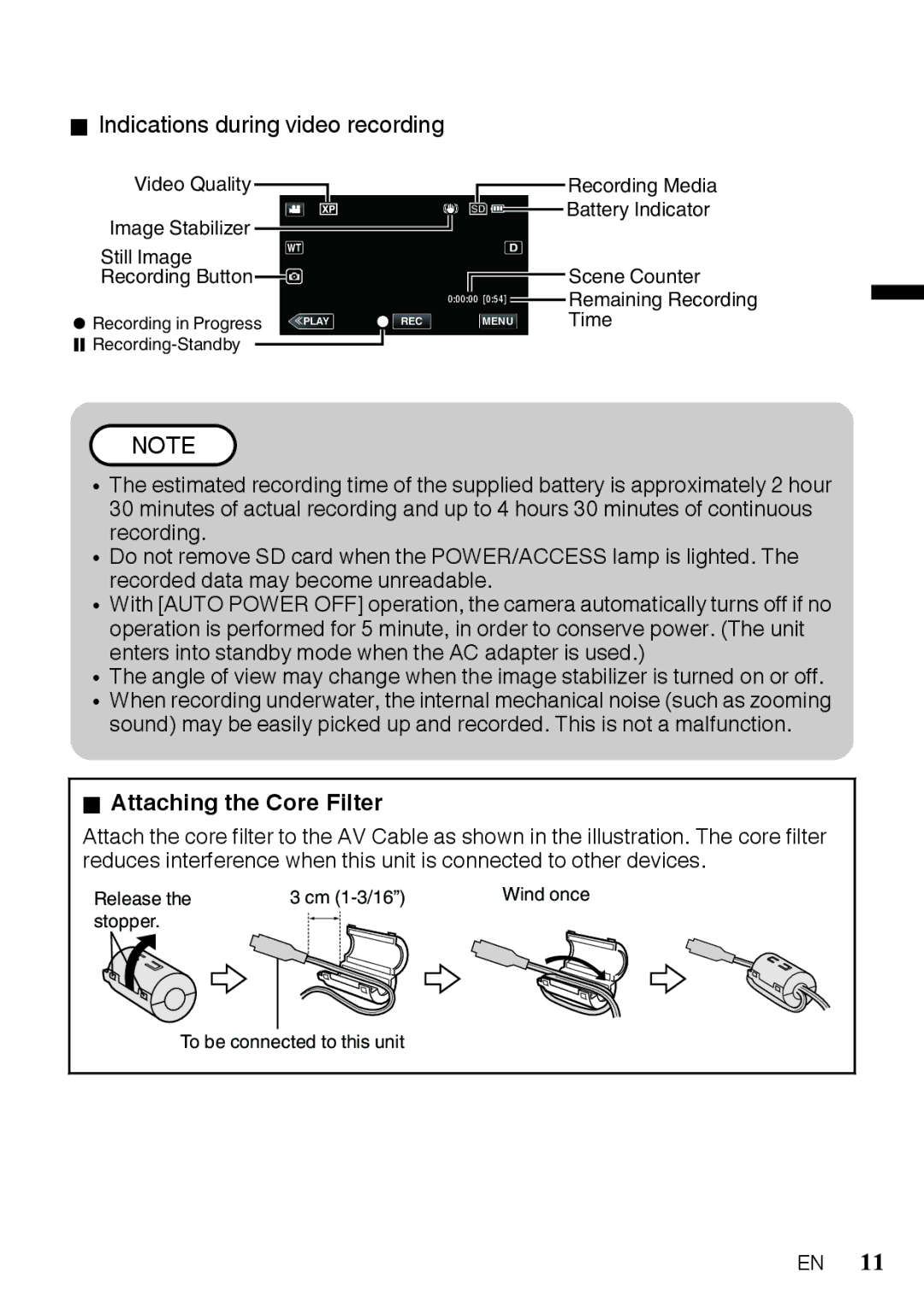 JVC GZR10AUS, GZR10BUS Indications during video recording, Video Quality Image Stabilizer Still Image Recording Button 