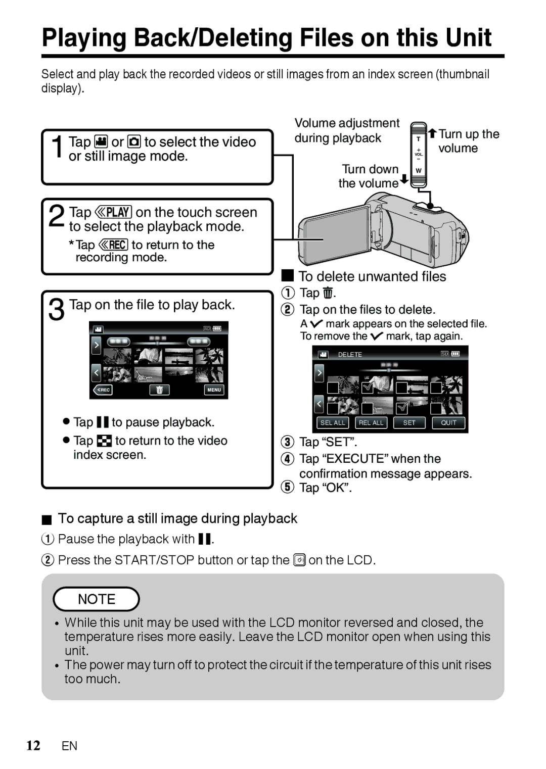 JVC GZR10BUS, GZR10RUS Playing Back/Deleting Files on this Unit, Tap on the file to play back, To delete unwanted files 