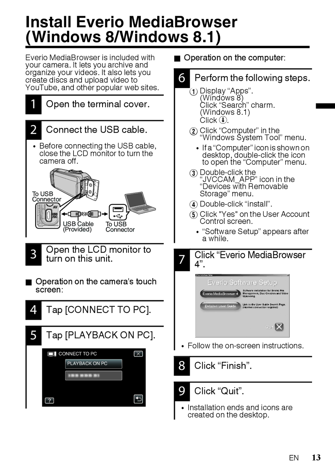 JVC GZR10RUS, GZR10BUS, GZR10AUS manual Install Everio MediaBrowser Windows 8/Windows 