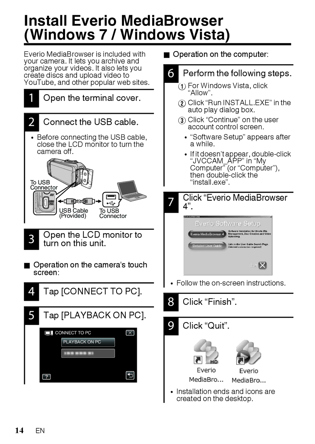 JVC GZR10AUS, GZR10BUS, GZR10RUS manual Install Everio MediaBrowser Windows 7 / Windows Vista 