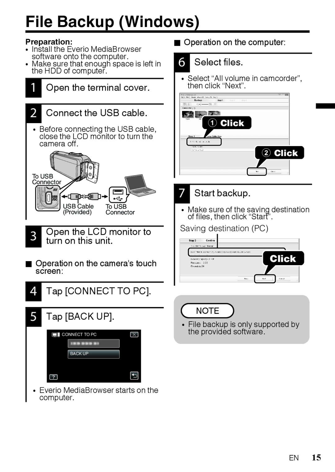 JVC GZR10BUS, GZR10RUS manual File Backup Windows, Tap Connect to PC Tap Back UP, Select files, Start backup, Preparation 