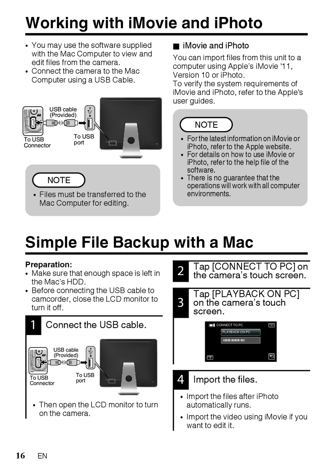 JVC GZR10RUS, GZR10BUS, GZR10AUS manual Working with iMovie and iPhoto, Simple File Backup with a Mac 