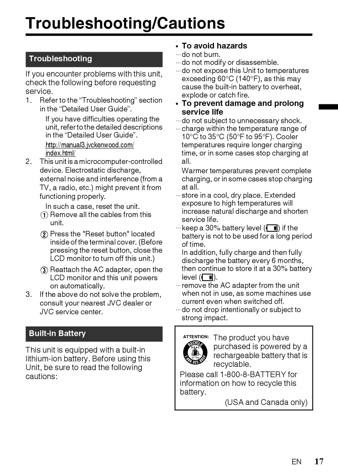 JVC GZR10AUS, GZR10BUS, GZR10RUS Troubleshooting/Cautions, To avoid hazards … do not burn, … do not modify or disassemble 