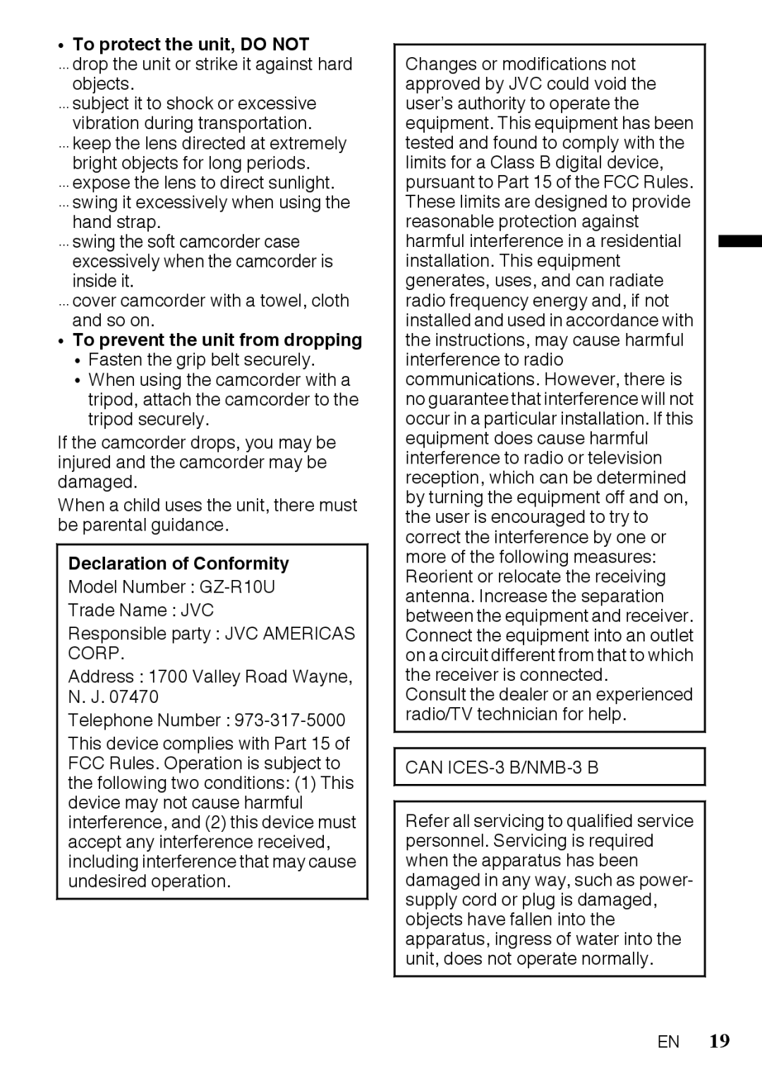 JVC GZR10RUS, GZR10BUS, GZR10AUS manual Declaration of Conformity, Can ICES-3 B/NMB-3 B 