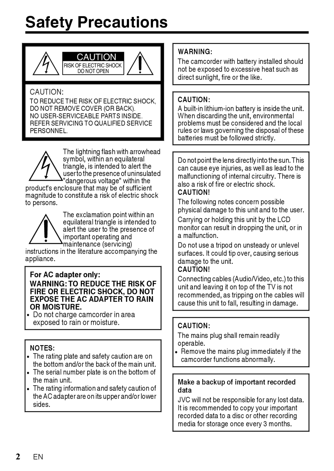 JVC GZR10AUS, GZR10BUS Safety Precautions, Instructions in the literature accompanying the appliance, For AC adapter only 