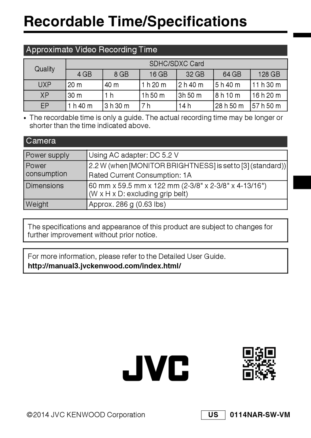 JVC GZR10AUS, GZR10BUS, GZR10RUS manual Recordable Time/Specifications, Approximate Video Recording Time, Camera 