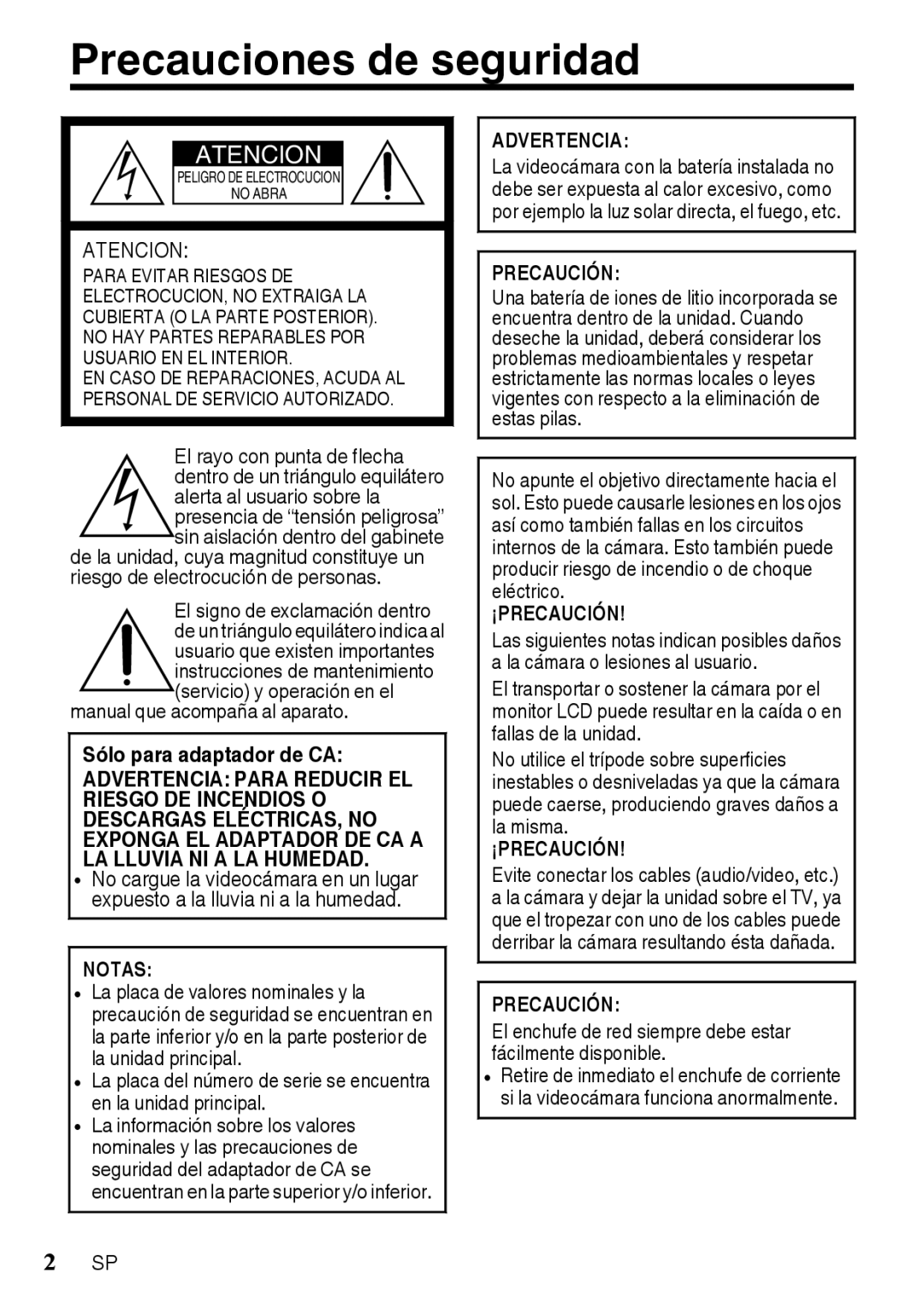 JVC GZR10RUS, GZR10BUS, GZR10AUS manual Precauciones de seguridad, Manual que acompaña al aparato, Sólo para adaptador de CA 