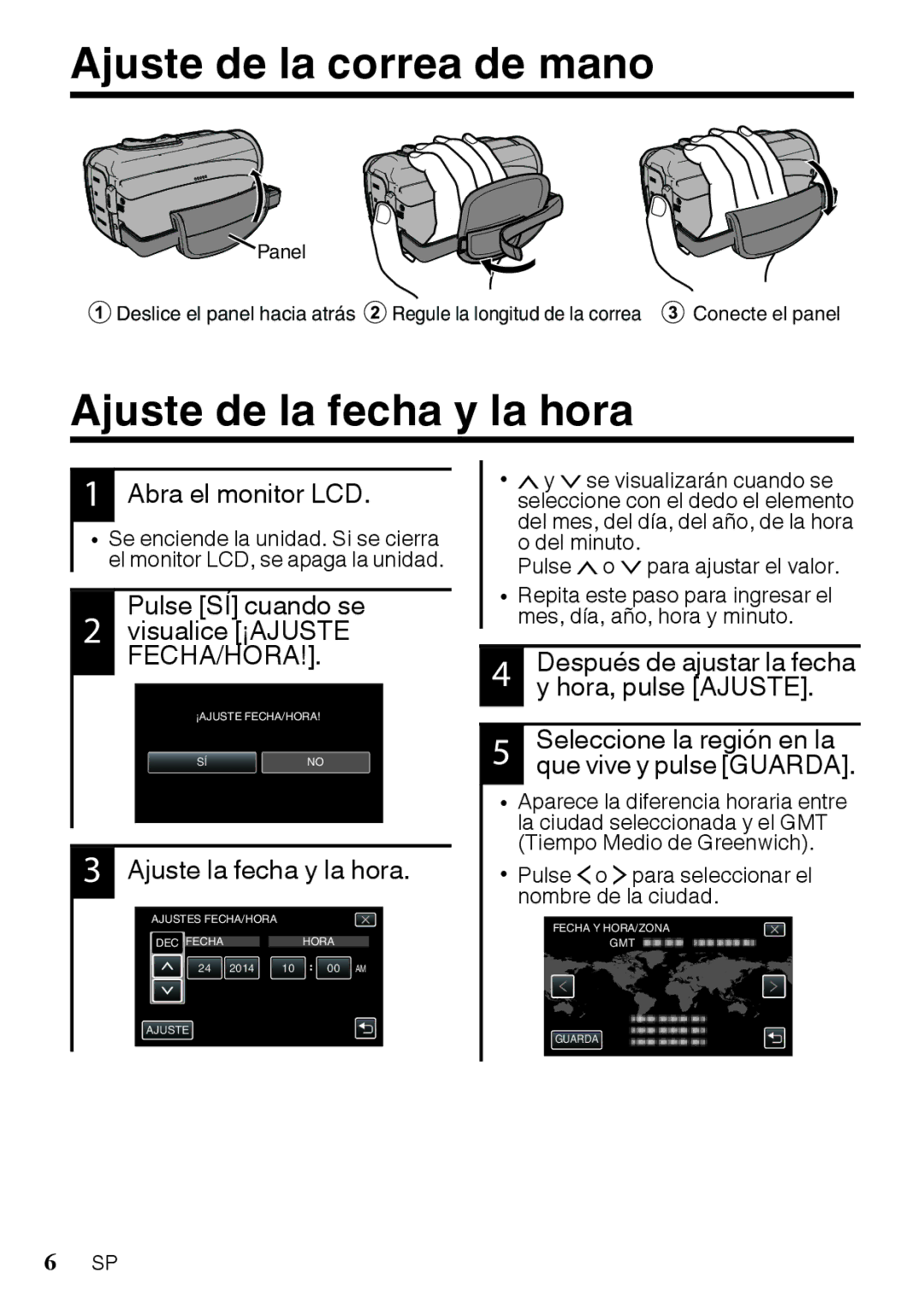 JVC GZR10AUS, GZR10BUS, GZR10RUS manual Ajuste de la correa de mano, Ajuste de la fecha y la hora 