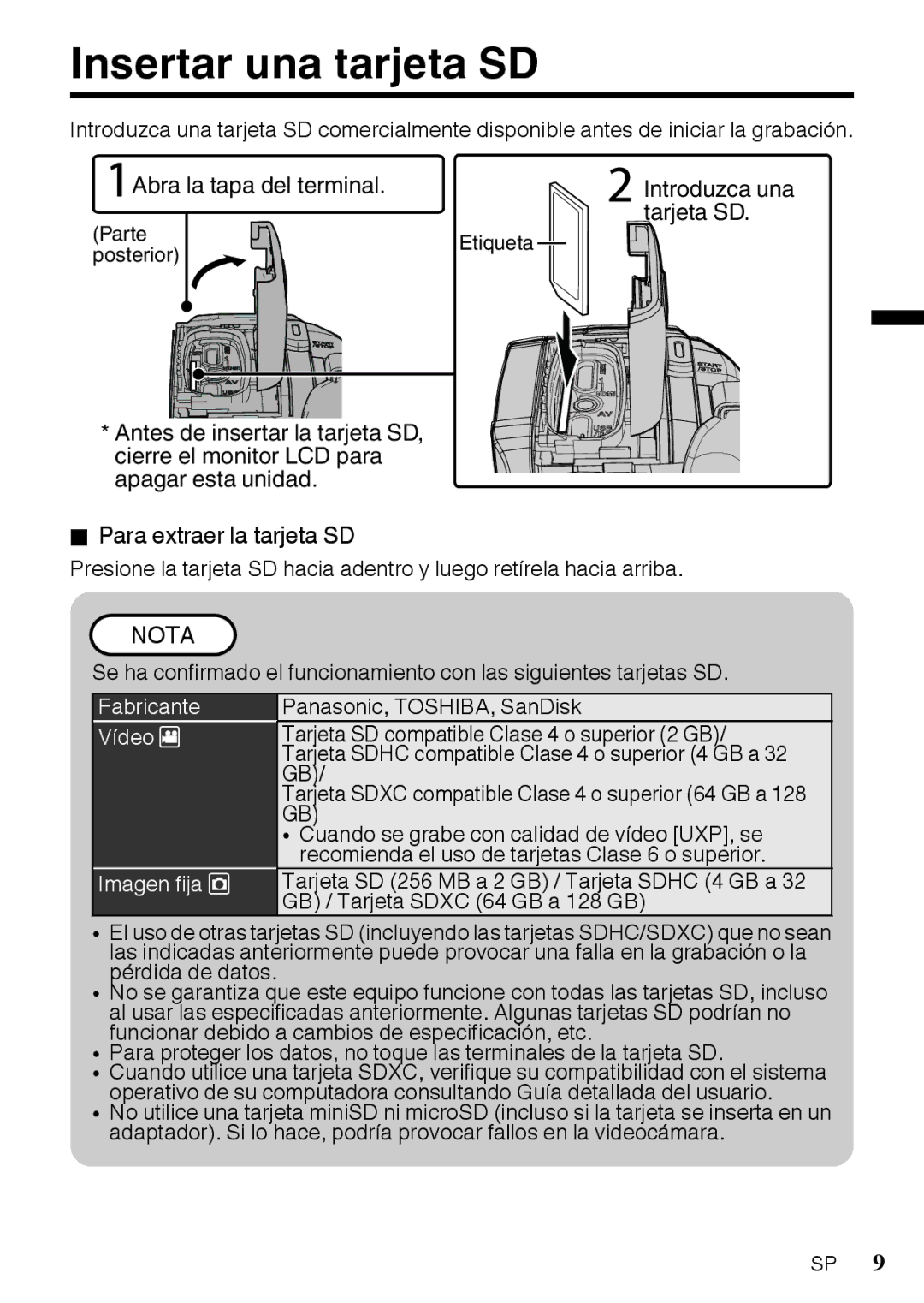 JVC GZR10AUS, GZR10BUS, GZR10RUS manual Insertar una tarjeta SD, Abra la tapa del terminal 