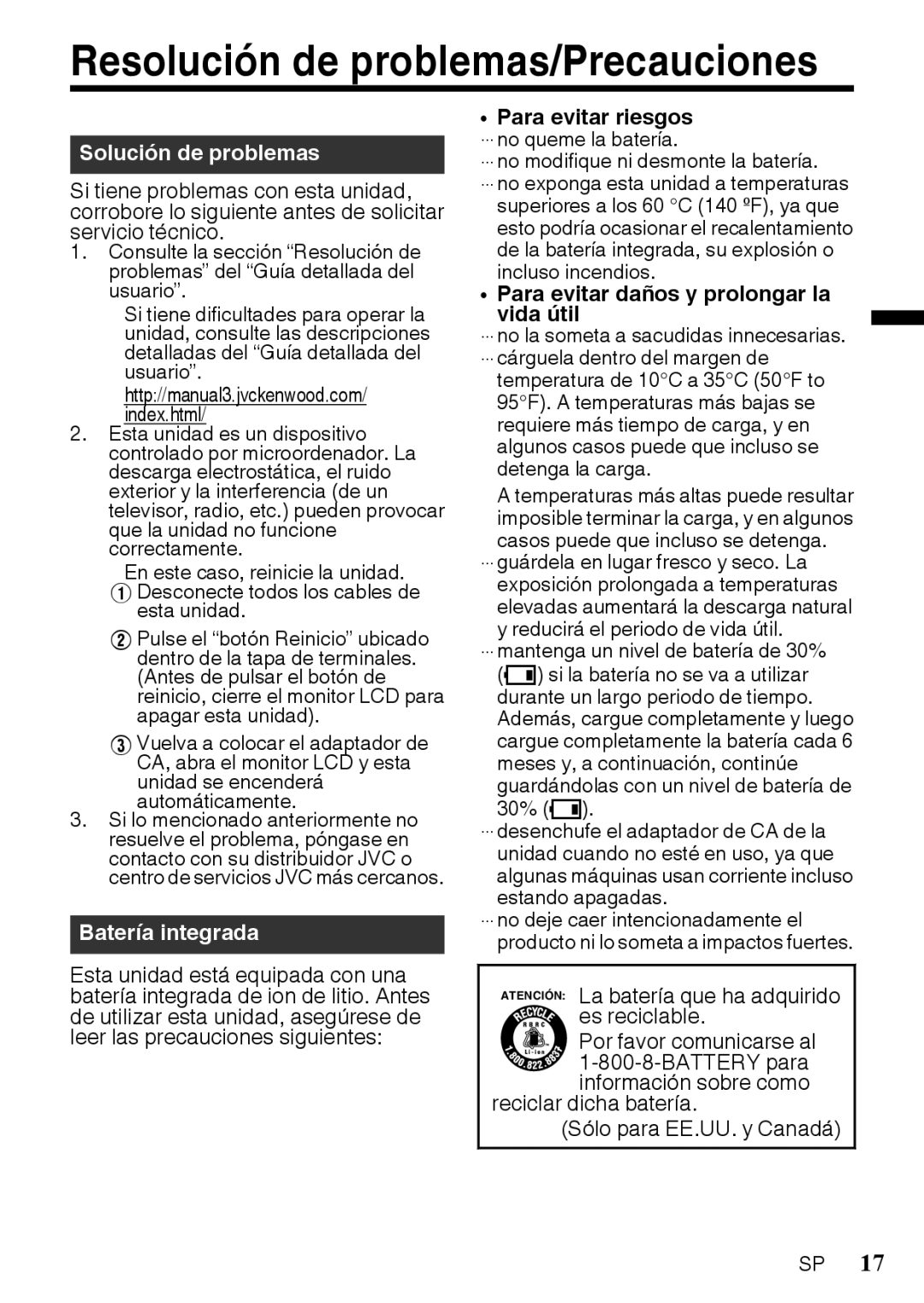 JVC GZR10RUS, GZR10BUS manual Resolución de problemas/Precauciones, Esta unidad, Para evitar riesgos … no queme la batería 