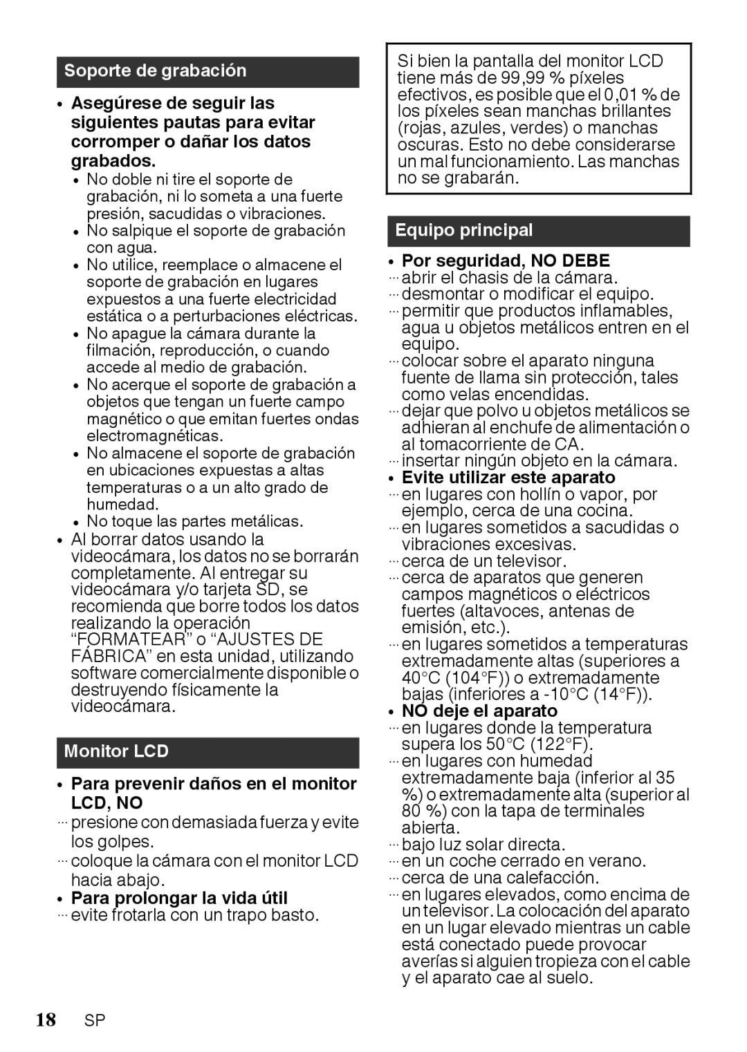 JVC GZR10AUS, GZR10BUS manual Para prevenir daños en el monitor, Para prolongar la vida útil, Evite utilizar este aparato 