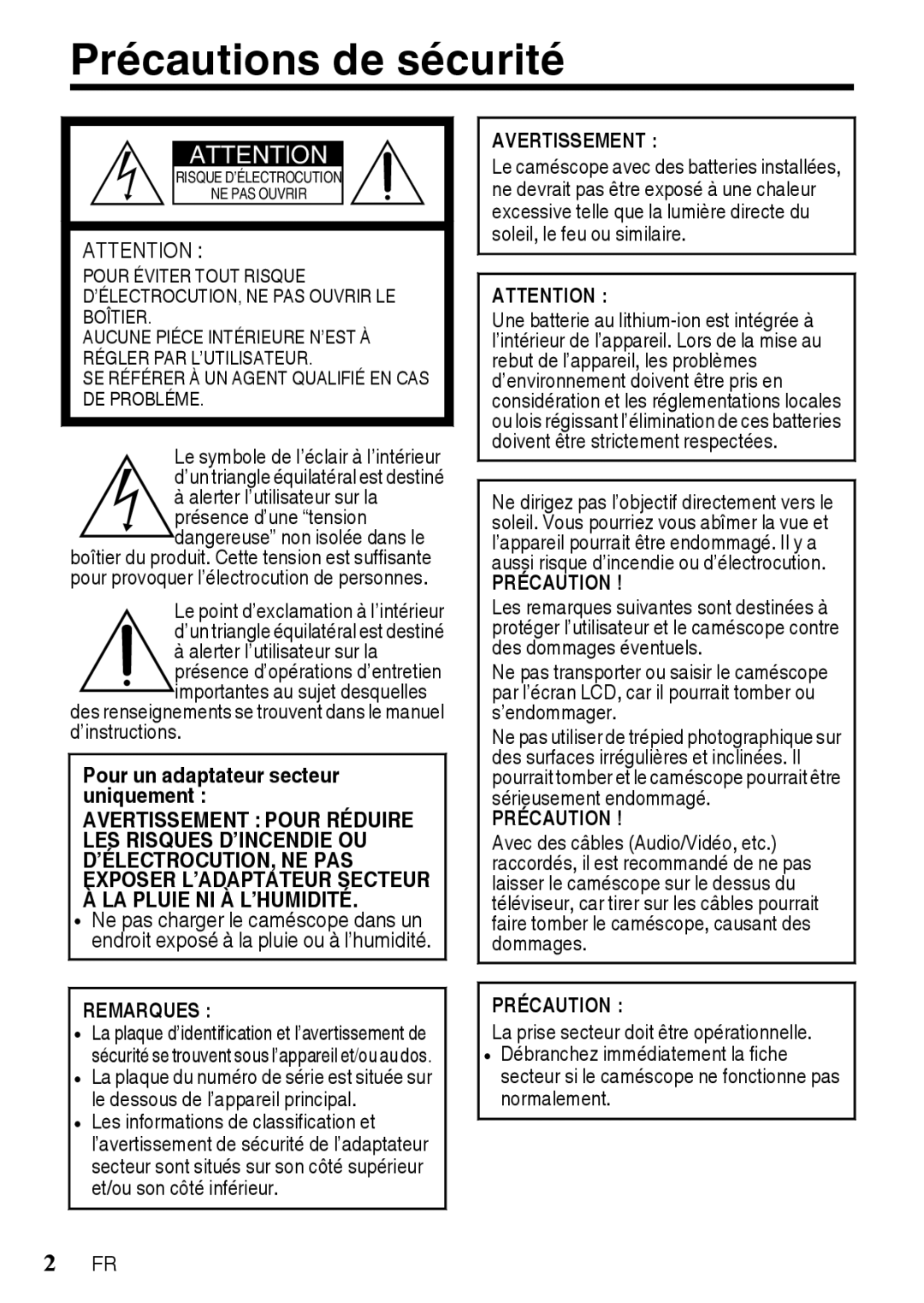 JVC GZR10BUS, GZR10RUS, GZR10AUS manual Précautions de sécurité, Pour un adaptateur secteur uniquement 