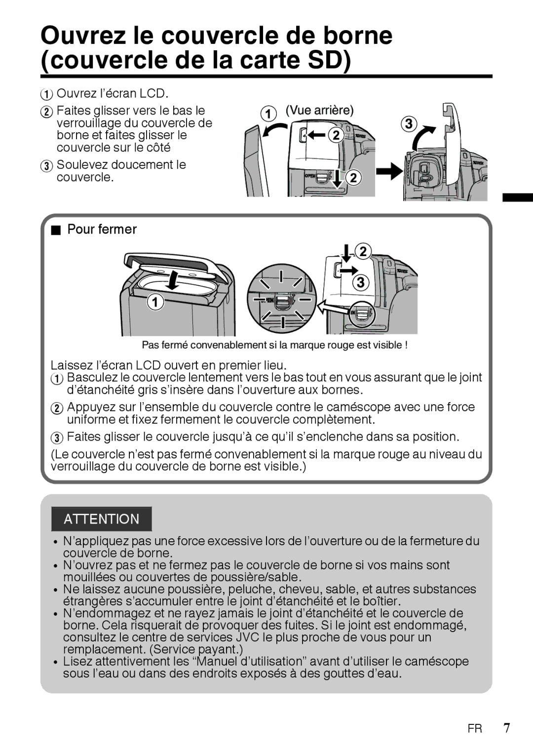 JVC GZR10AUS, GZR10BUS, GZR10RUS manual Ouvrez le couvercle de borne couvercle de la carte SD, Pour fermer 