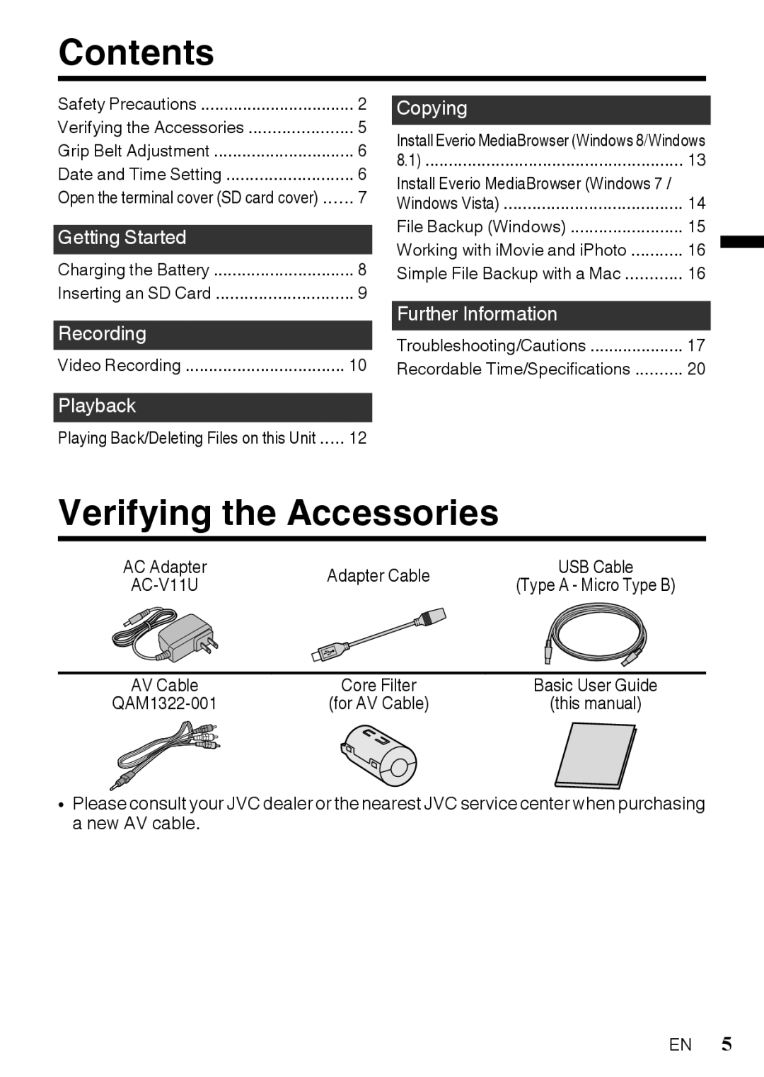 JVC GZR10AUS, GZR10BUS, GZR10RUS manual Contents, Verifying the Accessories 