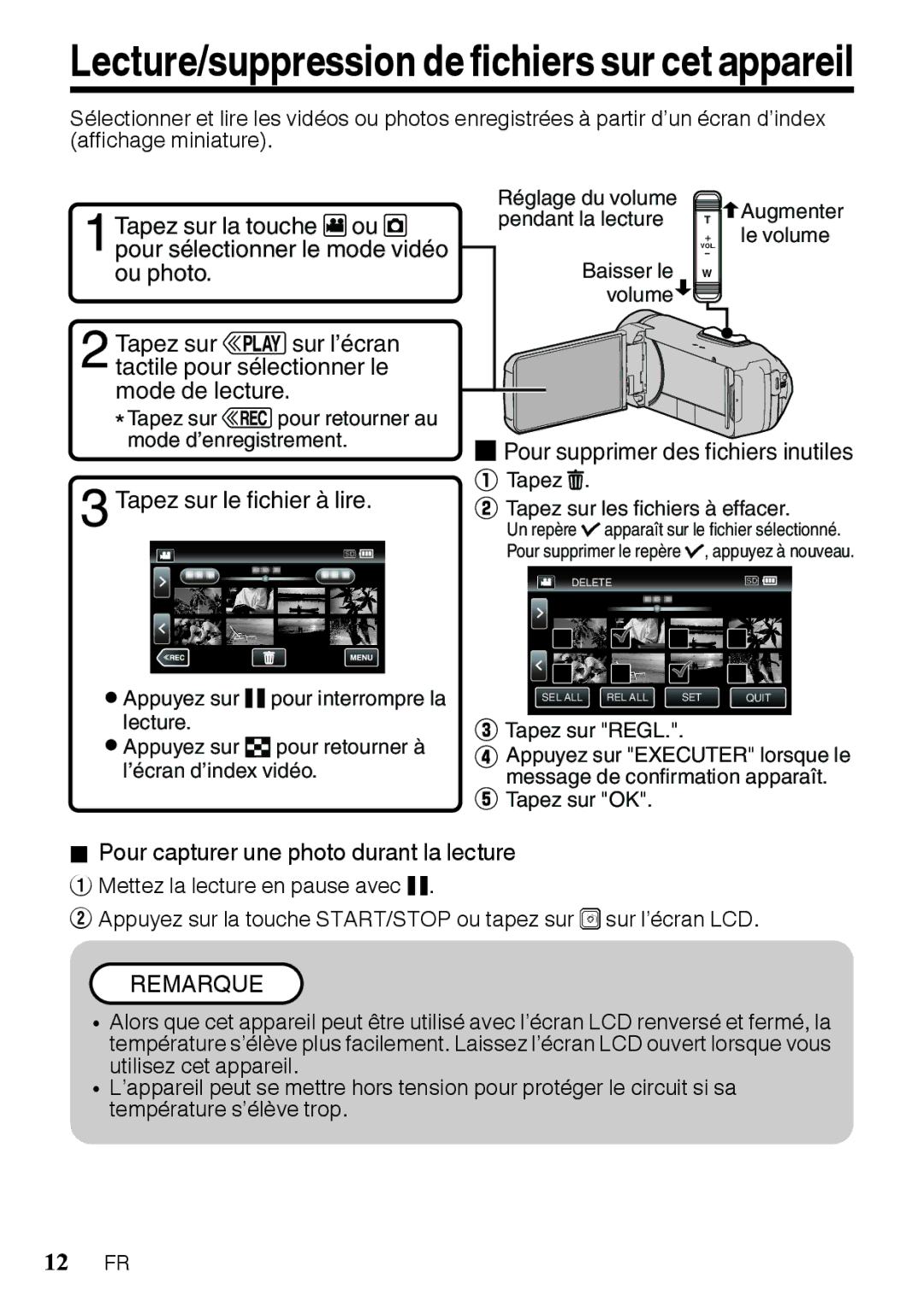 JVC GZR10RUS, GZR10BUS, GZR10AUS manual Tapez sur le fichier à lire, Pour supprimer des fichiers inutiles 