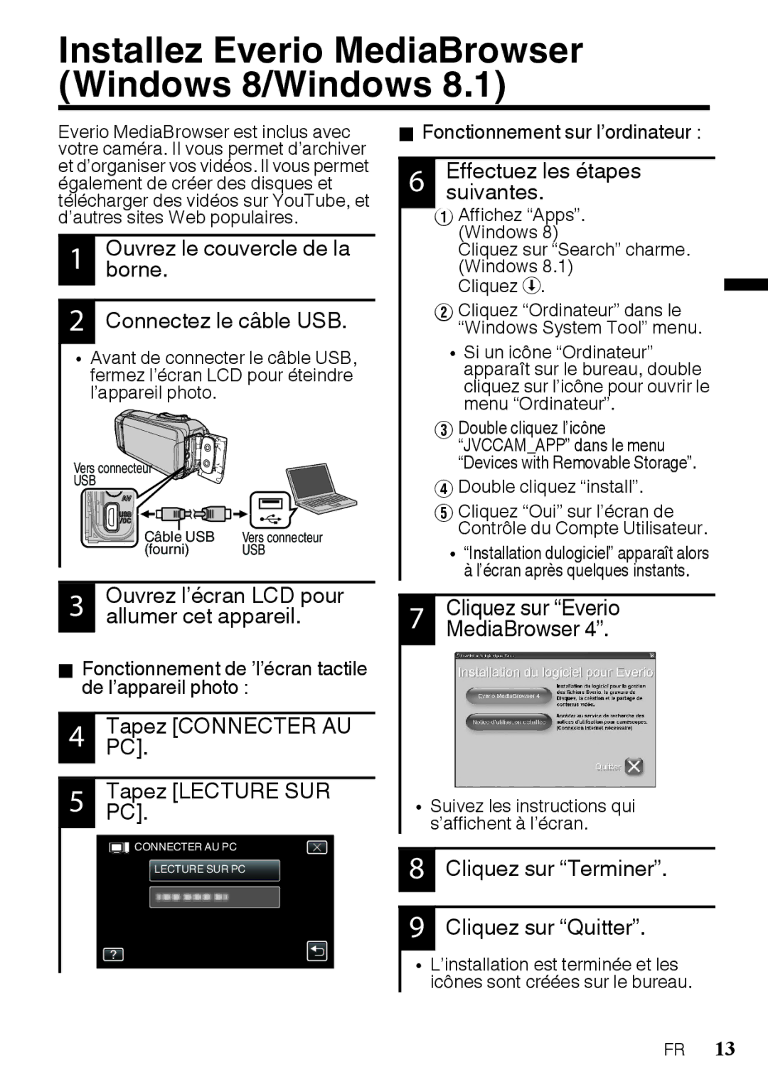 JVC GZR10AUS, GZR10BUS, GZR10RUS manual Installez Everio MediaBrowser Windows 8/Windows 