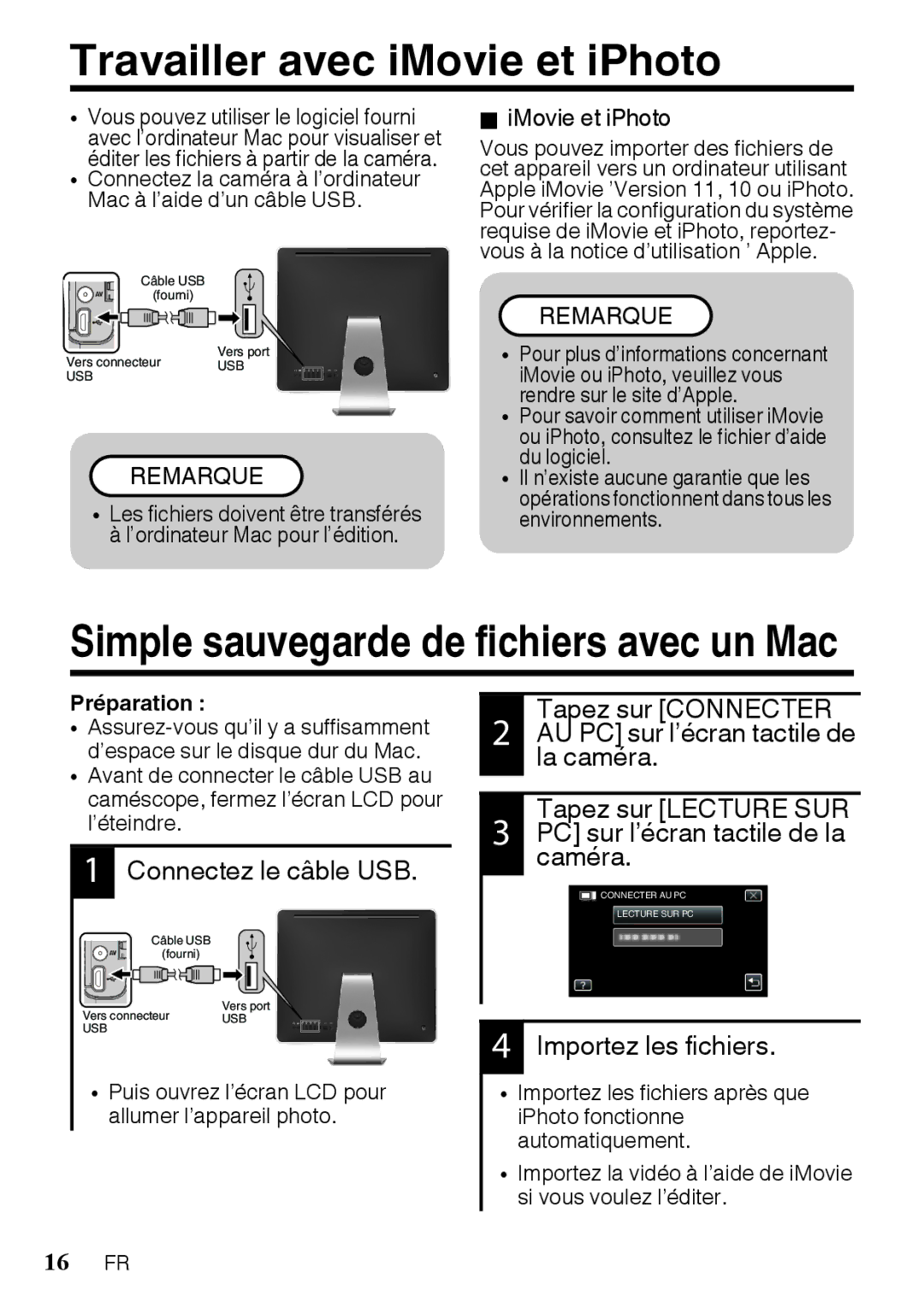 JVC GZR10AUS, GZR10BUS, GZR10RUS manual Travailler avec iMovie et iPhoto, Importez les fichiers, IMovie et iPhoto 