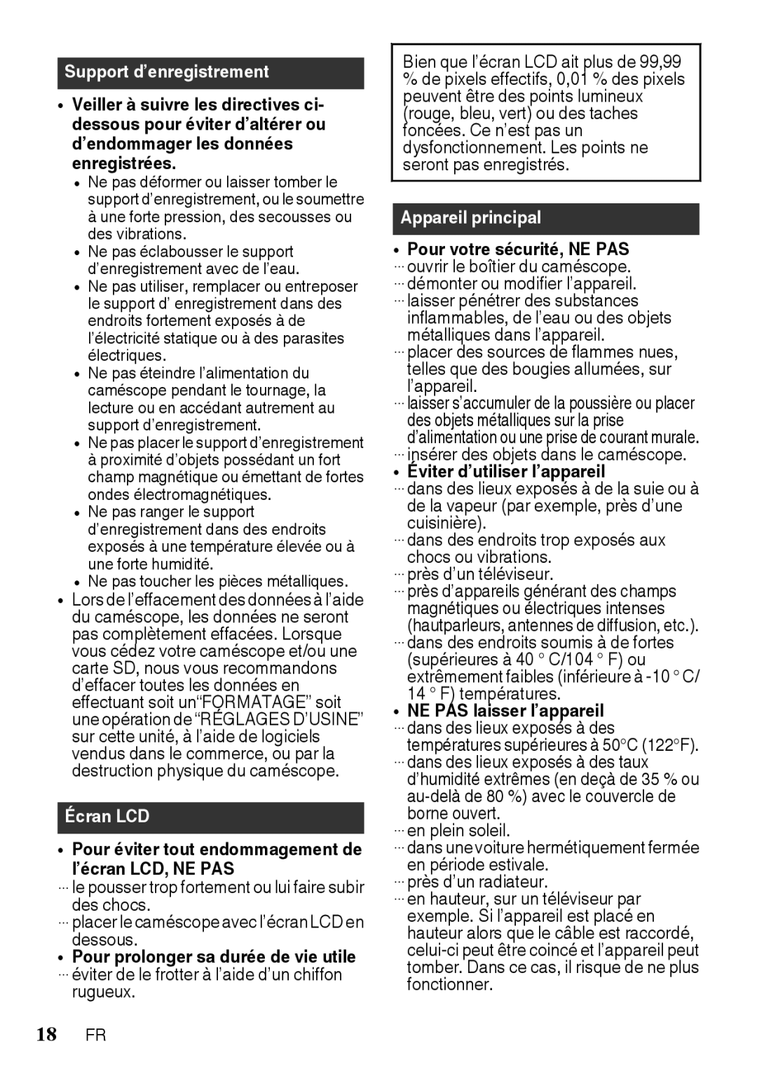 JVC GZR10RUS, GZR10BUS manual Pour éviter tout endommagement de l’écran LCD, NE PAS, … insérer des objets dans le caméscope 