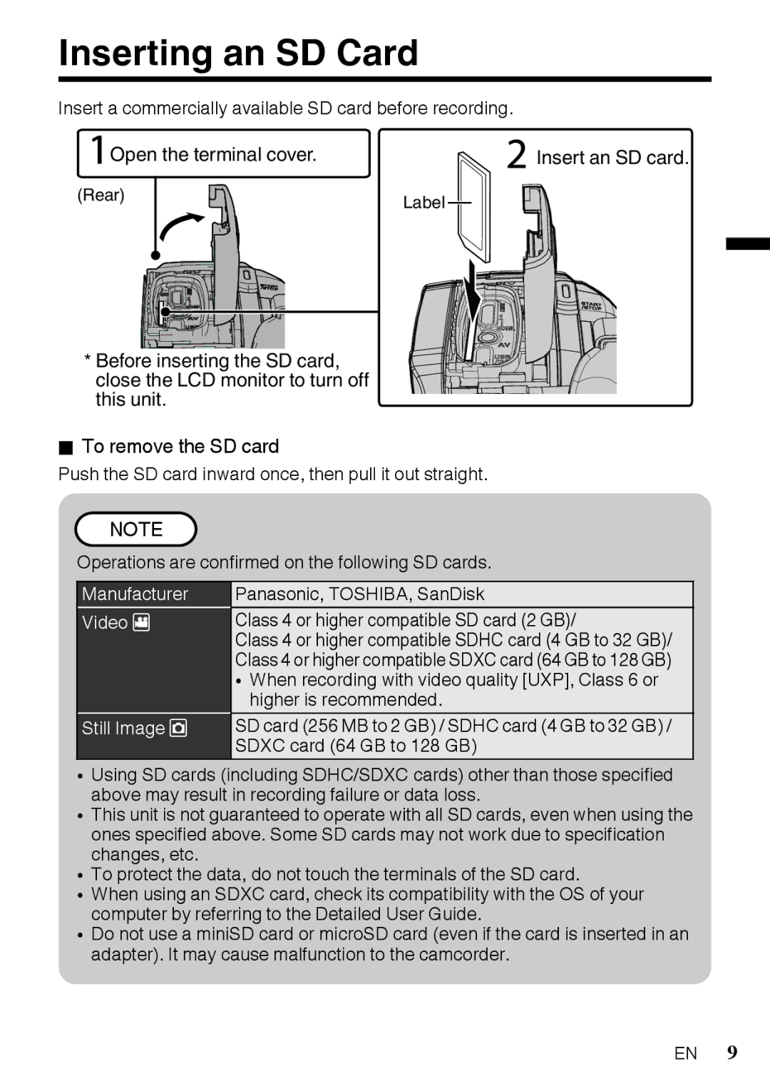 JVC GZR10BUS, GZR10RUS, GZR10AUS manual Inserting an SD Card, Open the terminal cover 