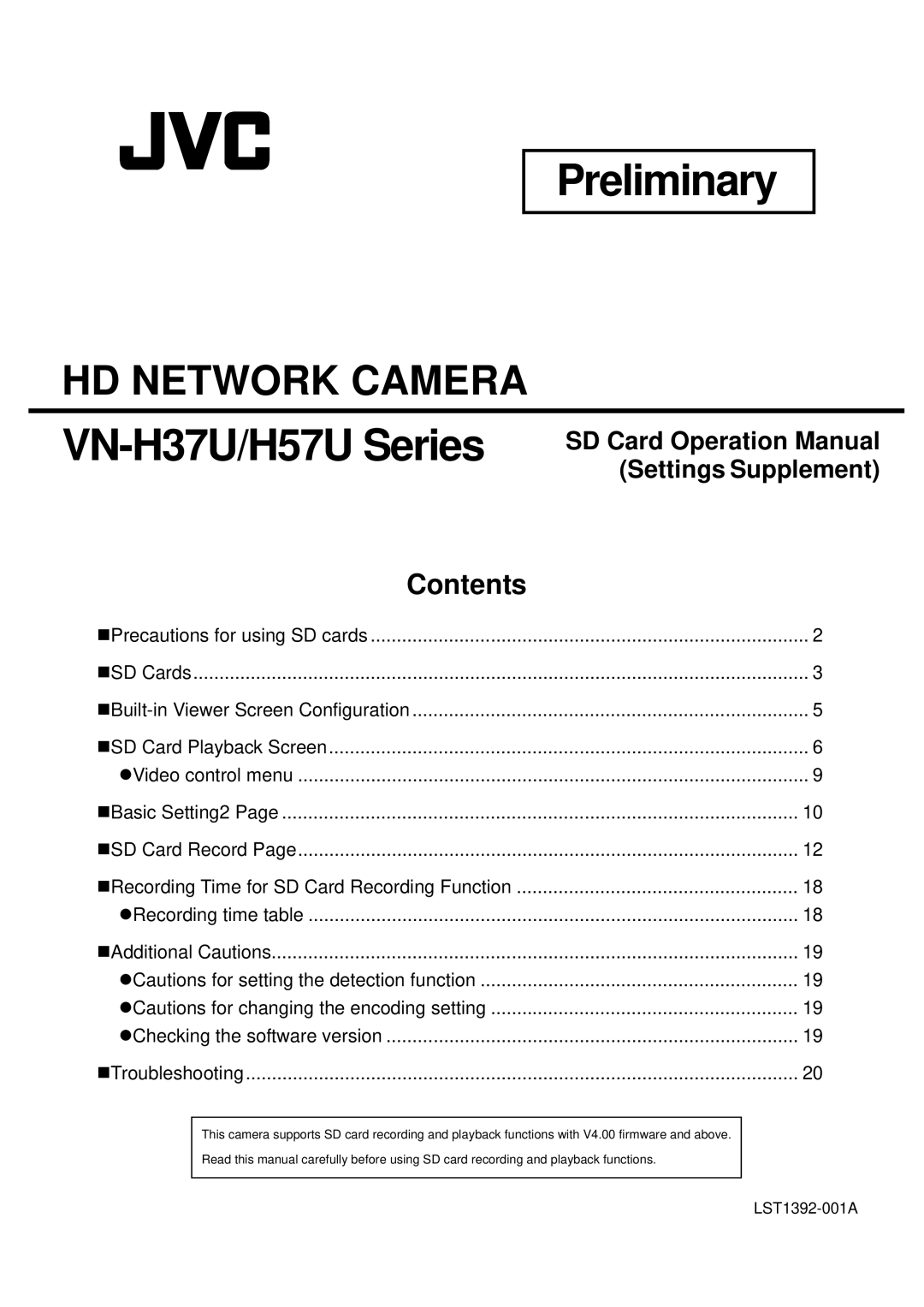 JVC VN-H37U, H57U operation manual Preliminary 