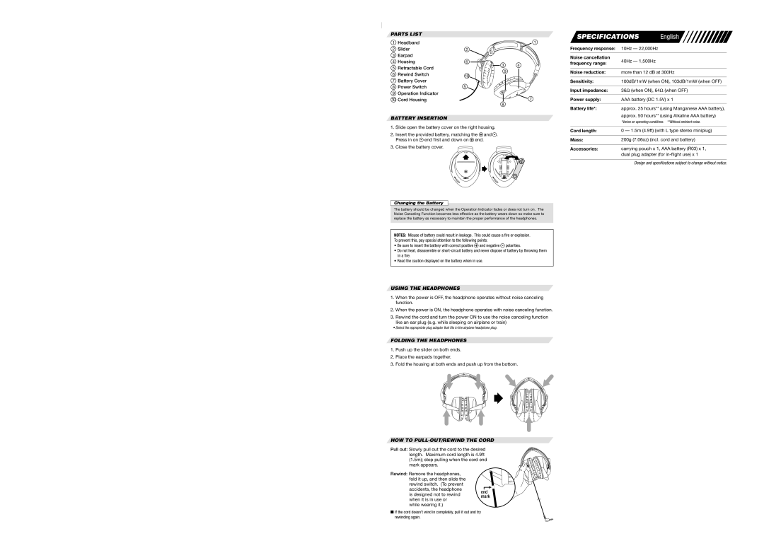 JVC HA-NC100-J/C specifications Parts List, Battery Insertion, Using the Headphones, Folding the Headphones 