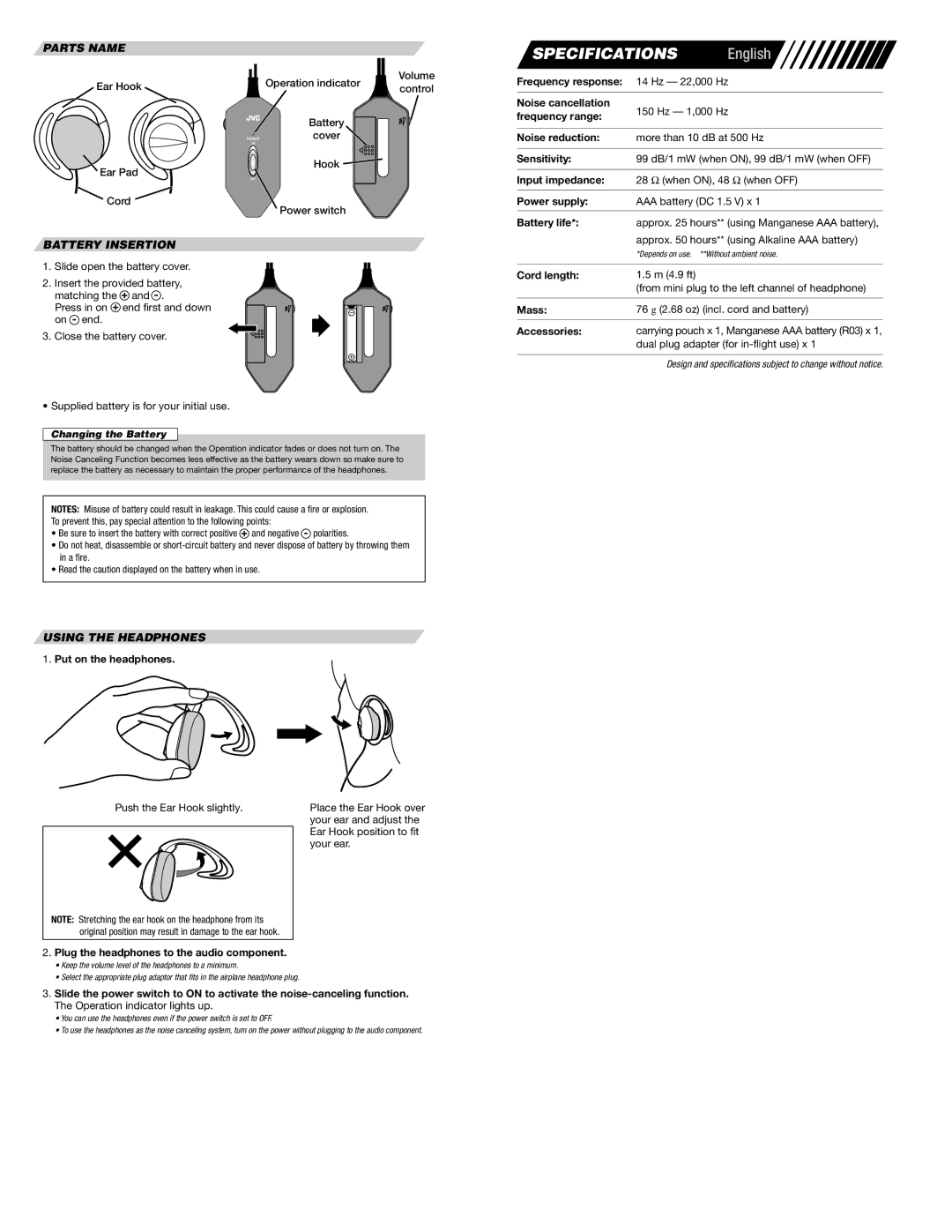 JVC HA-NC70-J/C manual Parts Name, Battery Insertion, Using the Headphones 