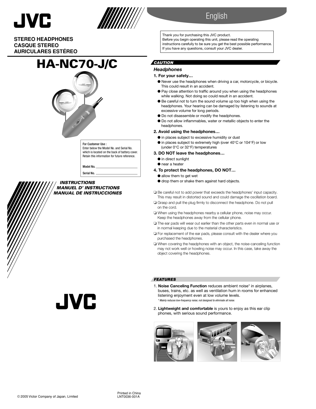 JVC HA-NC70-J/C manual Features, English, Stereo Headphones Casque Stereo Auriculares Estéreo, For your safety… 