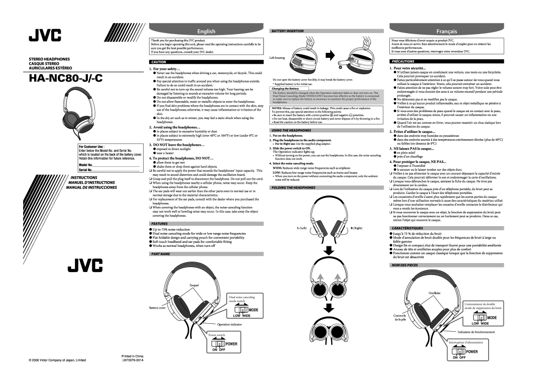 JVC HA-NC80-C manual English, For your safety…, Avoid using the headphones…, DO NOT leave the headphones…, Précautions 