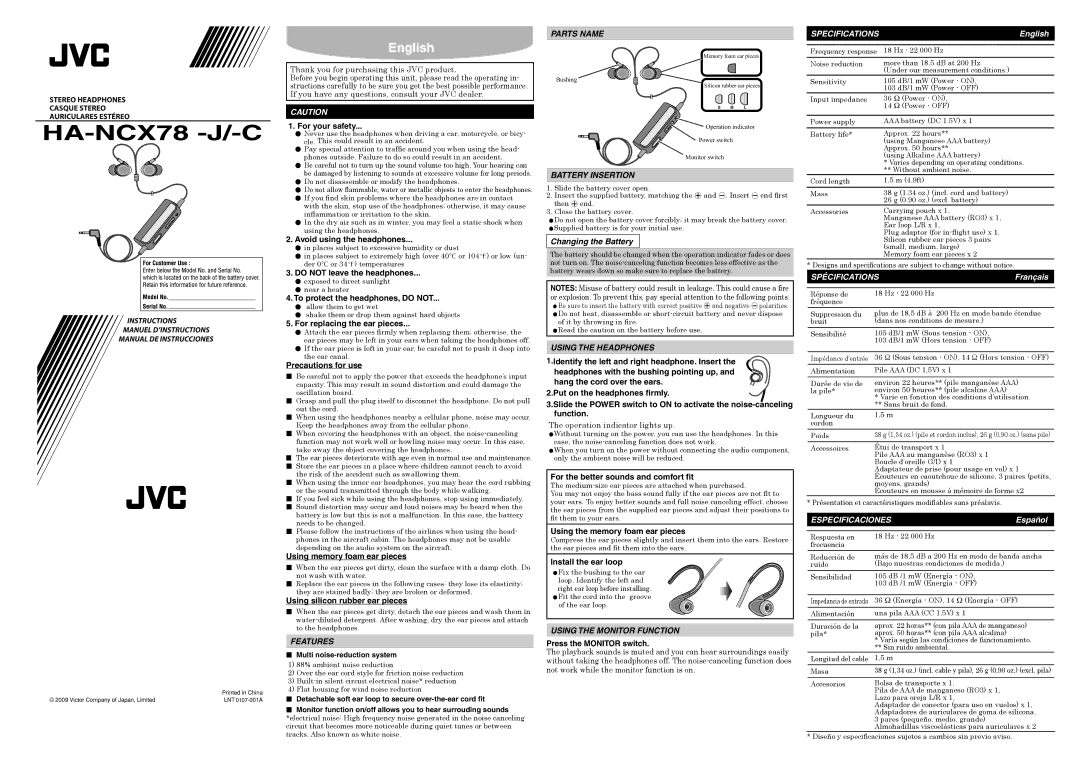 JVC HA-NCX78 -J/-C specifications Features, Parts Name, Battery Insertion, Using the Headphones 