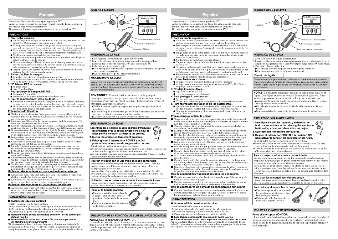 JVC HA-NCX78 -J/-C Caractéristiques, NOM DES Parties, Insertion DE LA Pile, Utilisation DU Casque, Característica 