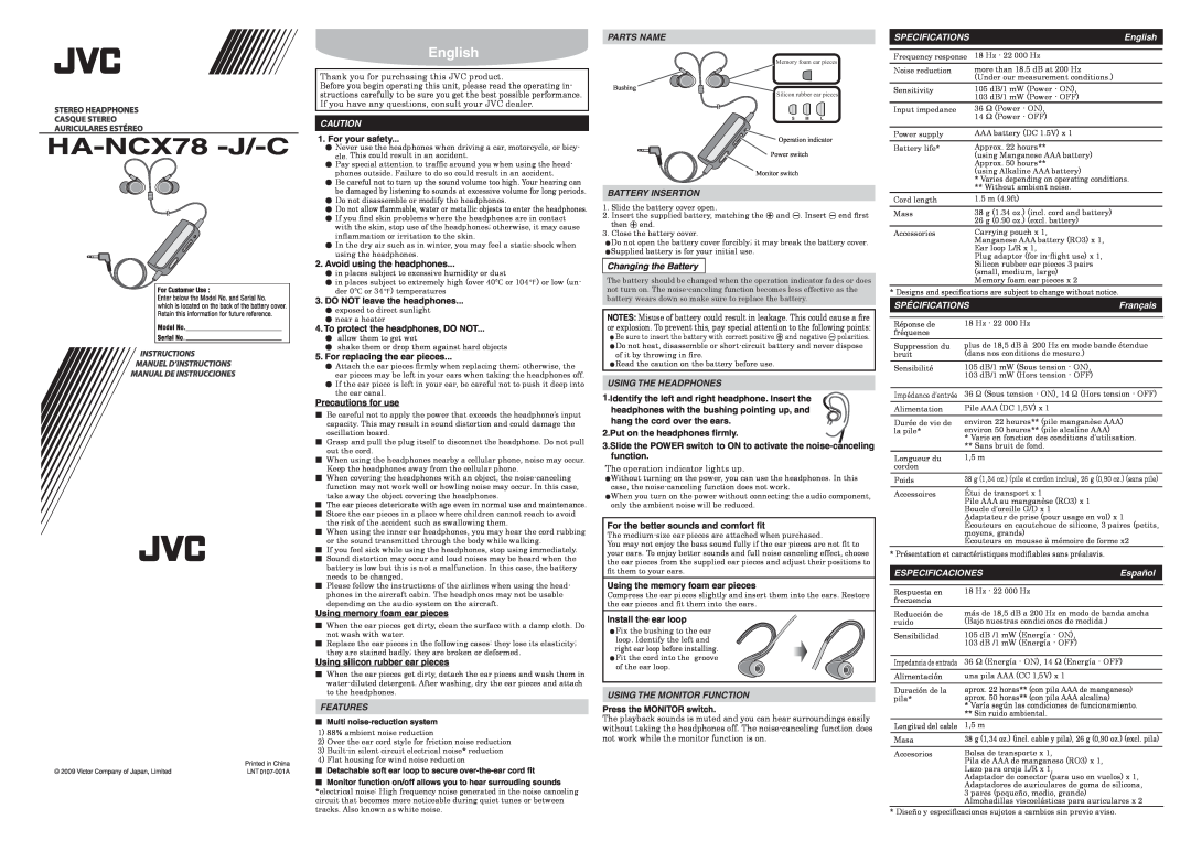 JVC HA-NCX78 -J/-C specifications English, Spécifications, Français, Especificaciones, Español 
