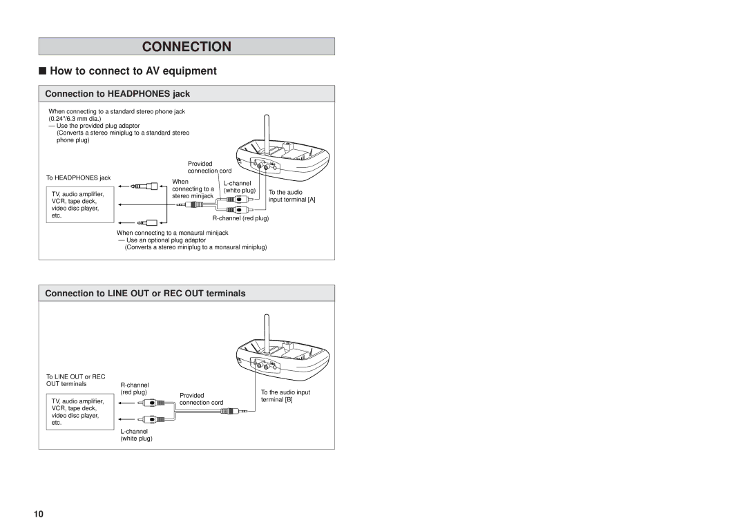 JVC HA-W1000RF-J/C manual Connection to Headphones jack, Connection to Line OUT or REC OUT terminals 