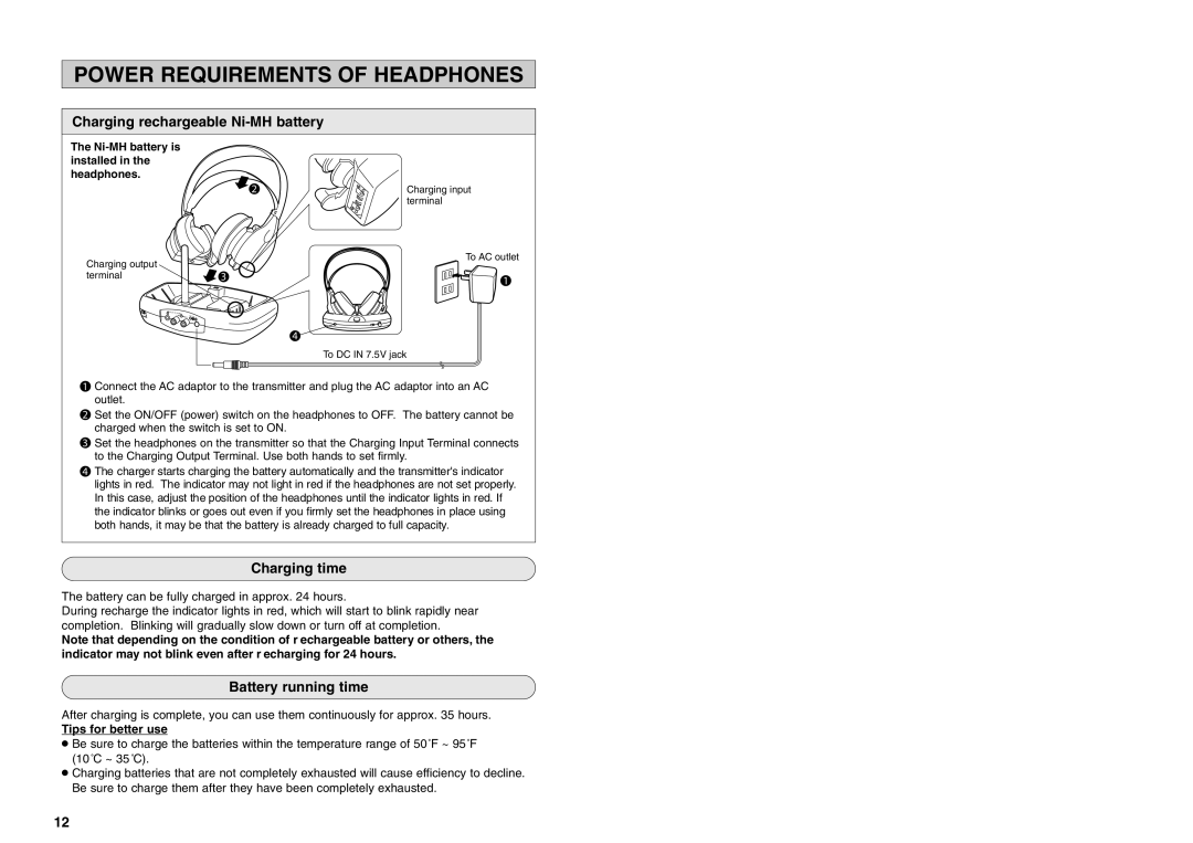 JVC HA-W1000RF-J/C manual Power Requirements of Headphones, Charging rechargeable Ni-MH battery, Charging time 