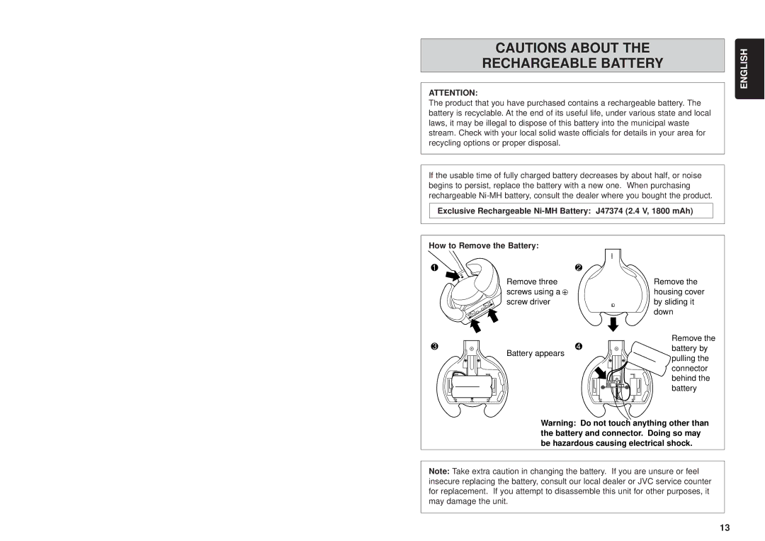JVC HA-W1000RF-J/C manual Rechargeable Battery 